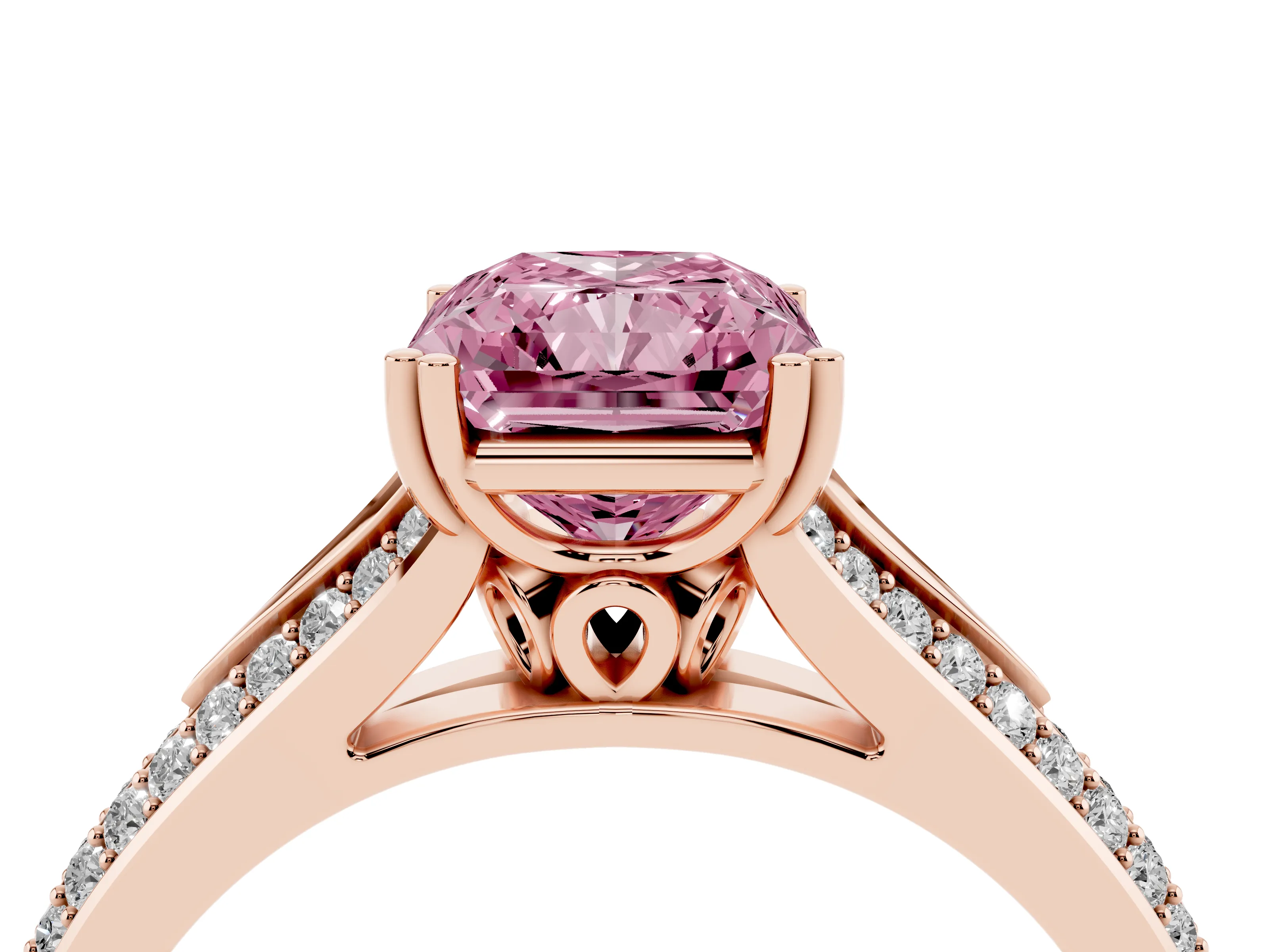Fancy Pink Radiant Cut Diamond Split Shank Pavé Engagement Ring Set in Rose gold with Prong-Set Center Stone