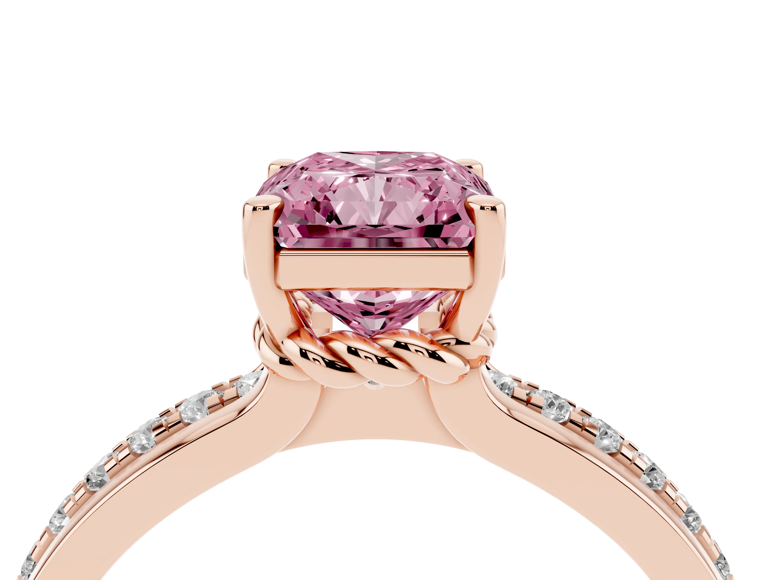 Fancy Pink Radiant Cut Diamond Solitaire Ring Set in Rose gold with Channel Set Band and Prong Setting