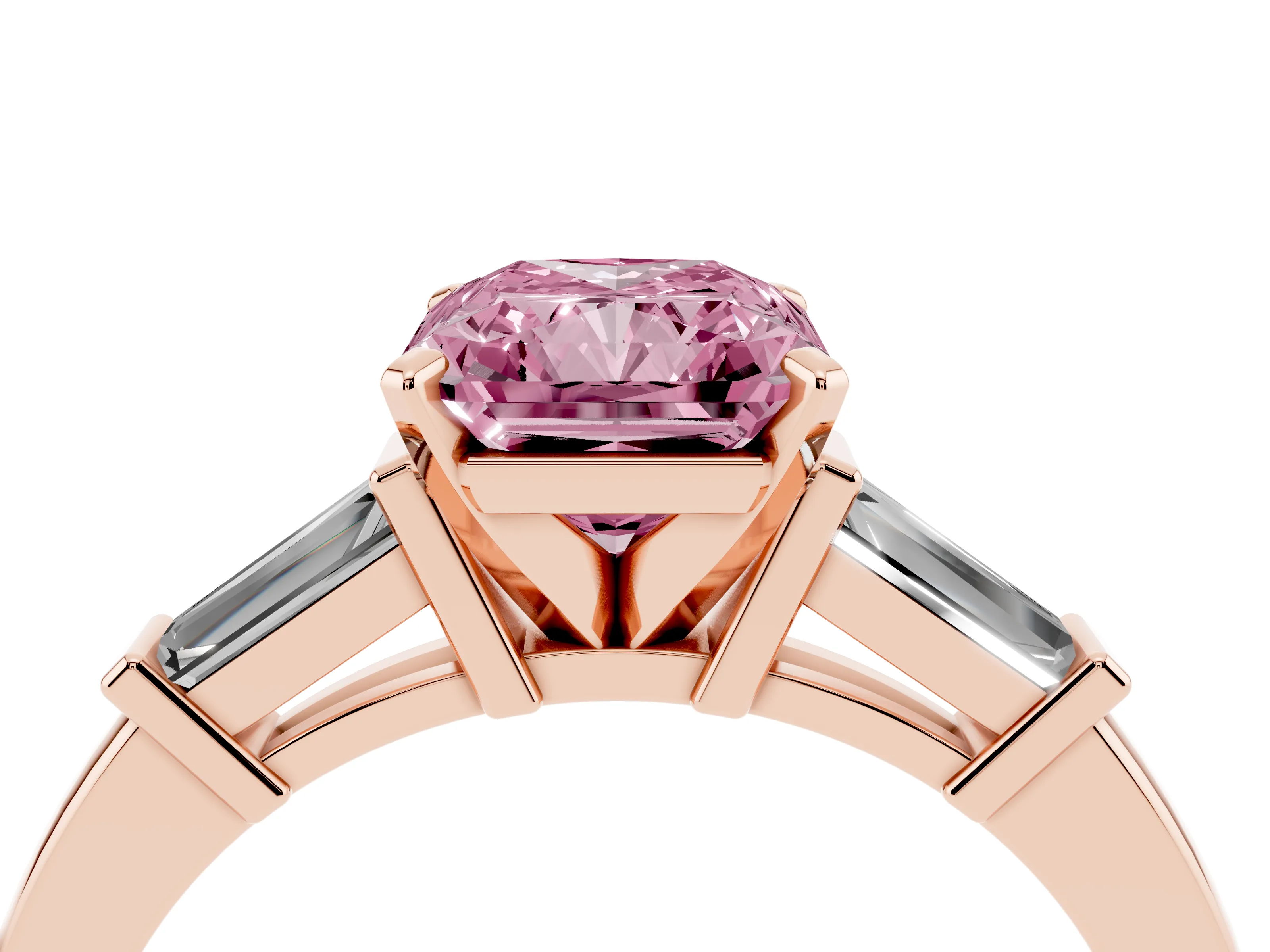 Fancy Pink Radiant Cut Diamond Solitaire Ring Set in Rose gold with Tapered Baguette Accents and Prong Setting