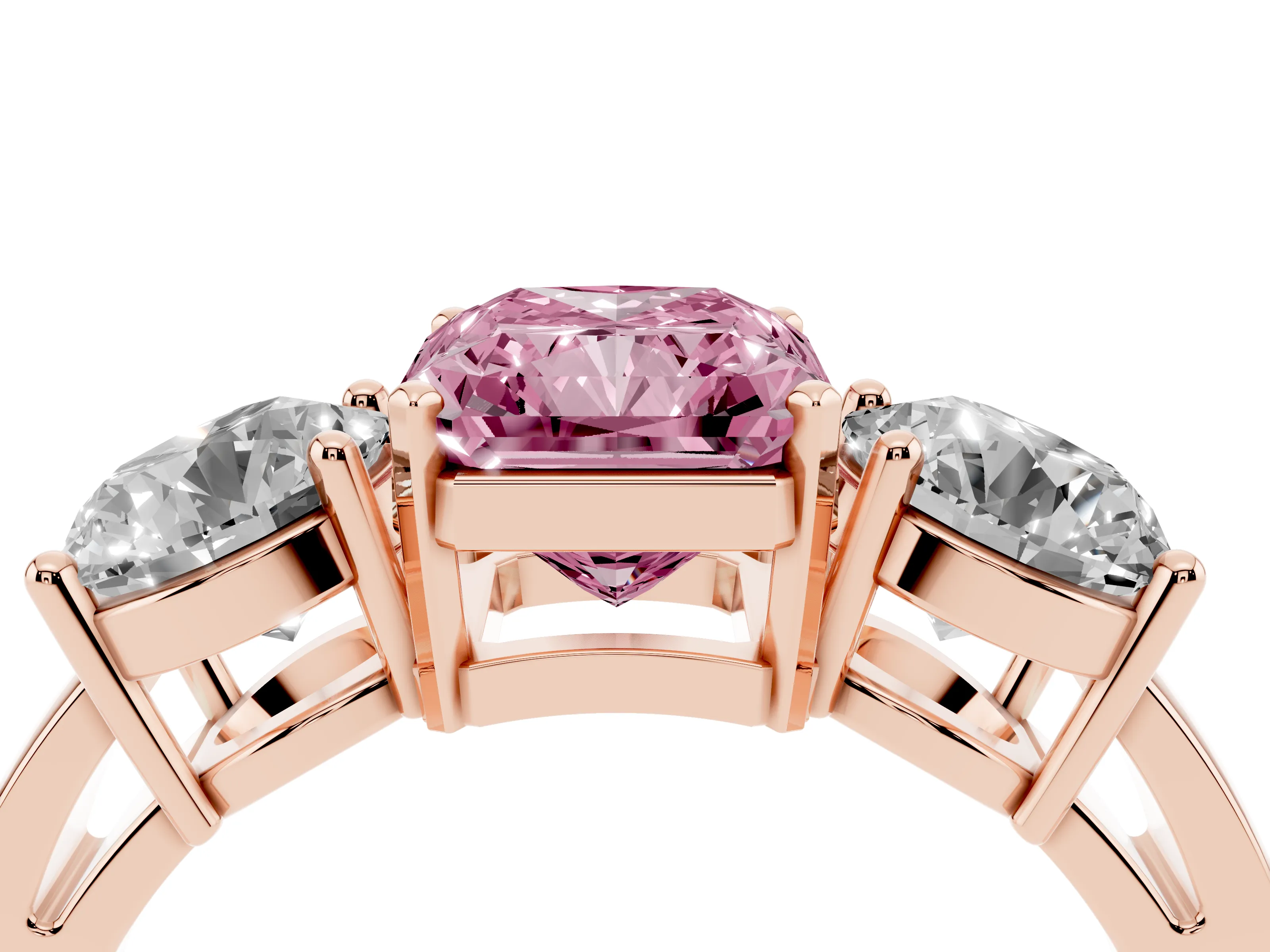 Fancy Pink Radiant Cut Diamond Three-Stone Ring Set in Rose gold with Round Side Stones and Classic Band