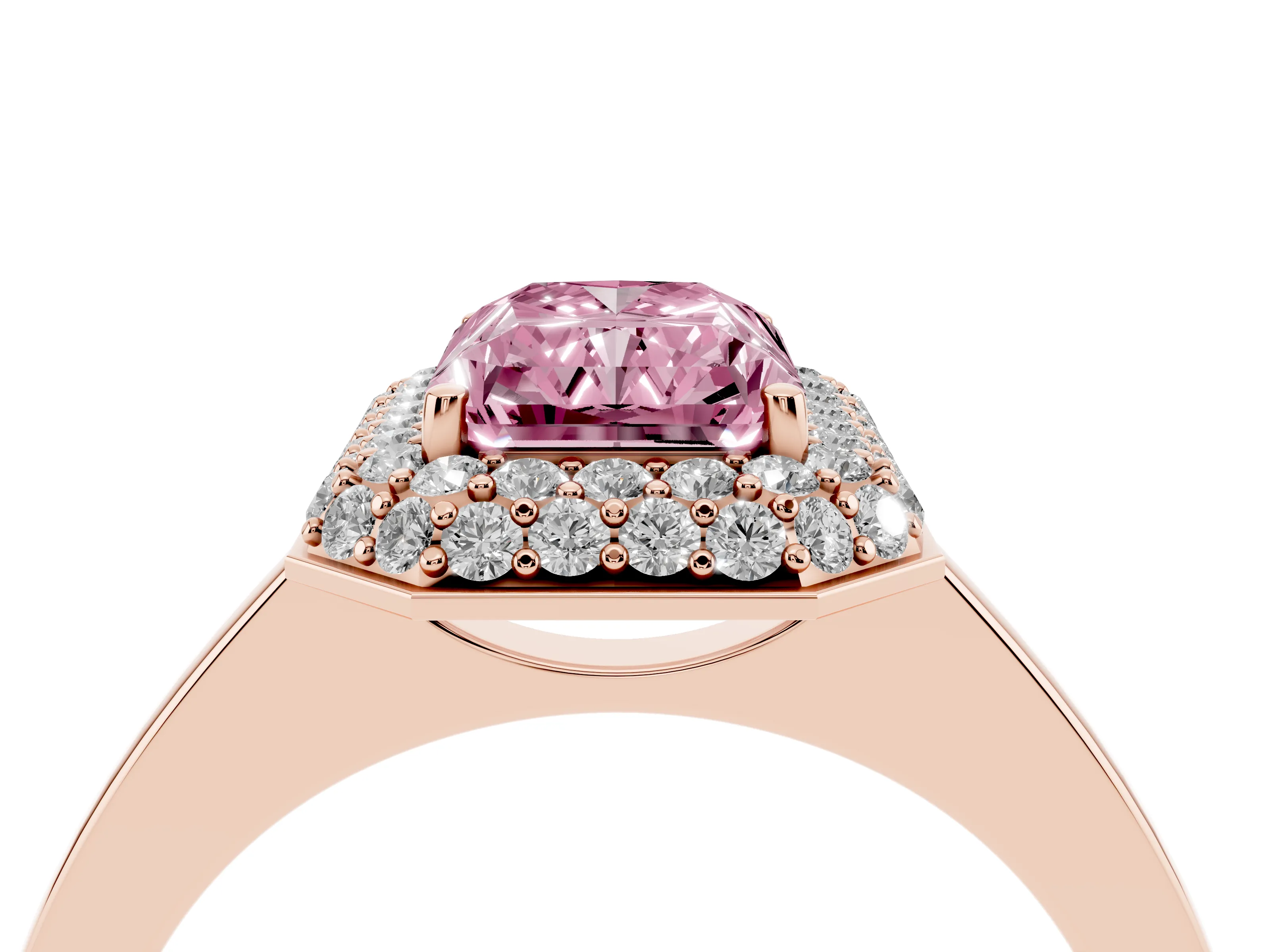 Fancy Pink Radiant Cut Diamond Halo Engagement Ring Set in Rose gold with Solitaire Band and Prong Setting