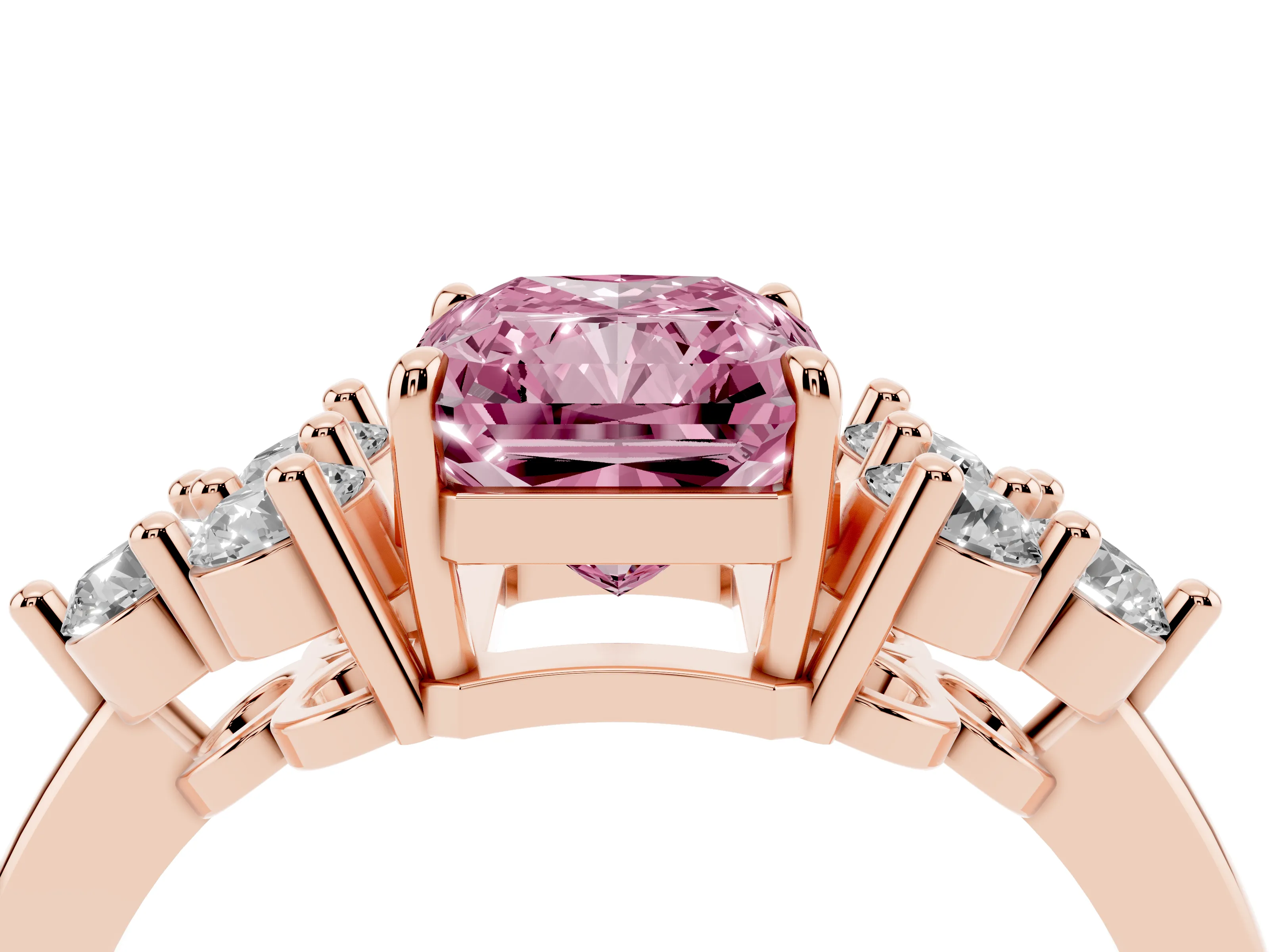 Fancy Pink Radiant Cut Diamond Solitaire Ring Set in Rose gold with Cluster Accents on Each Side