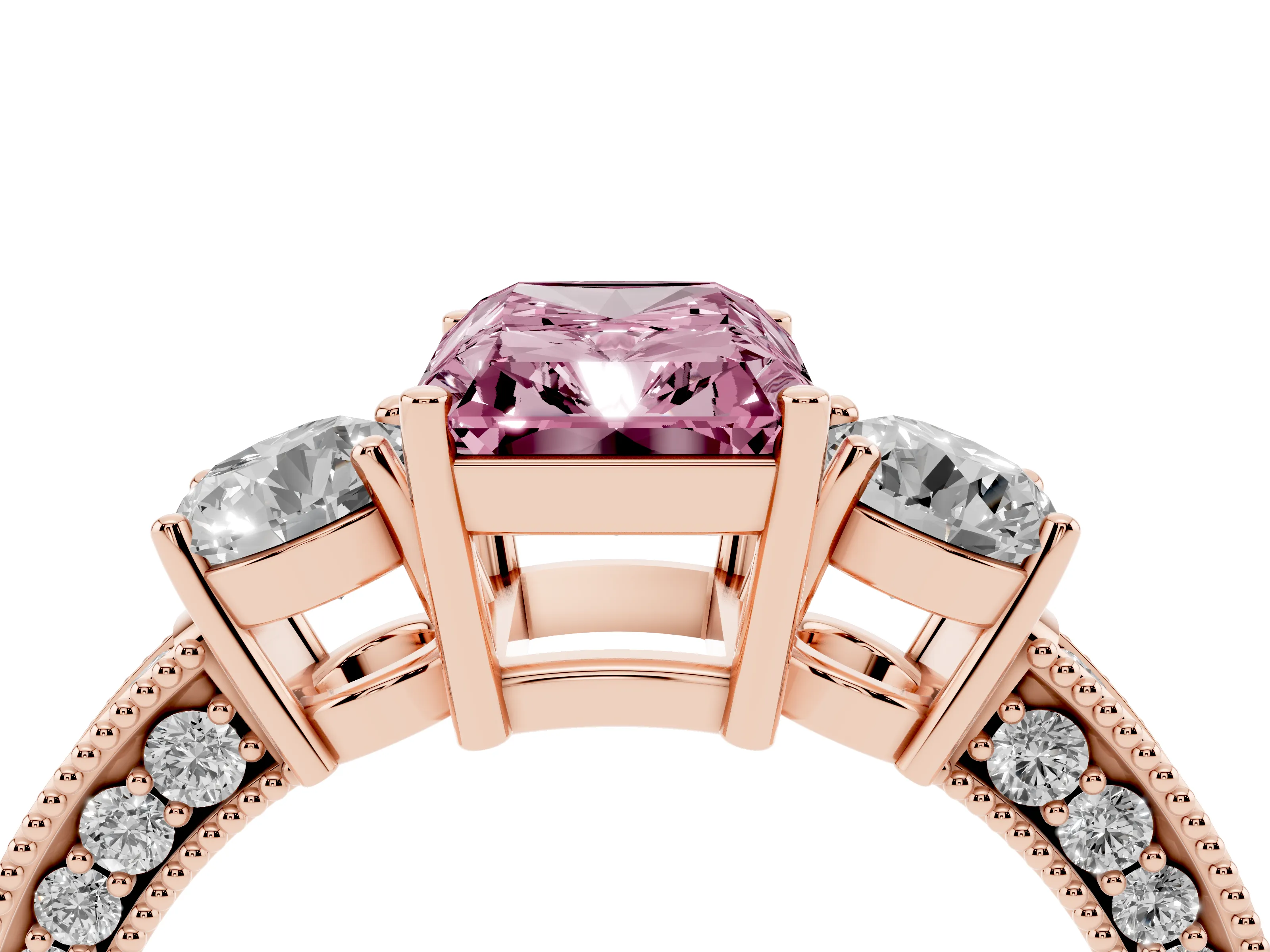 Fancy Pink Radiant Cut Diamond Three-Stone Ring Set in Rose gold with Round Side Stones and Pavé Band