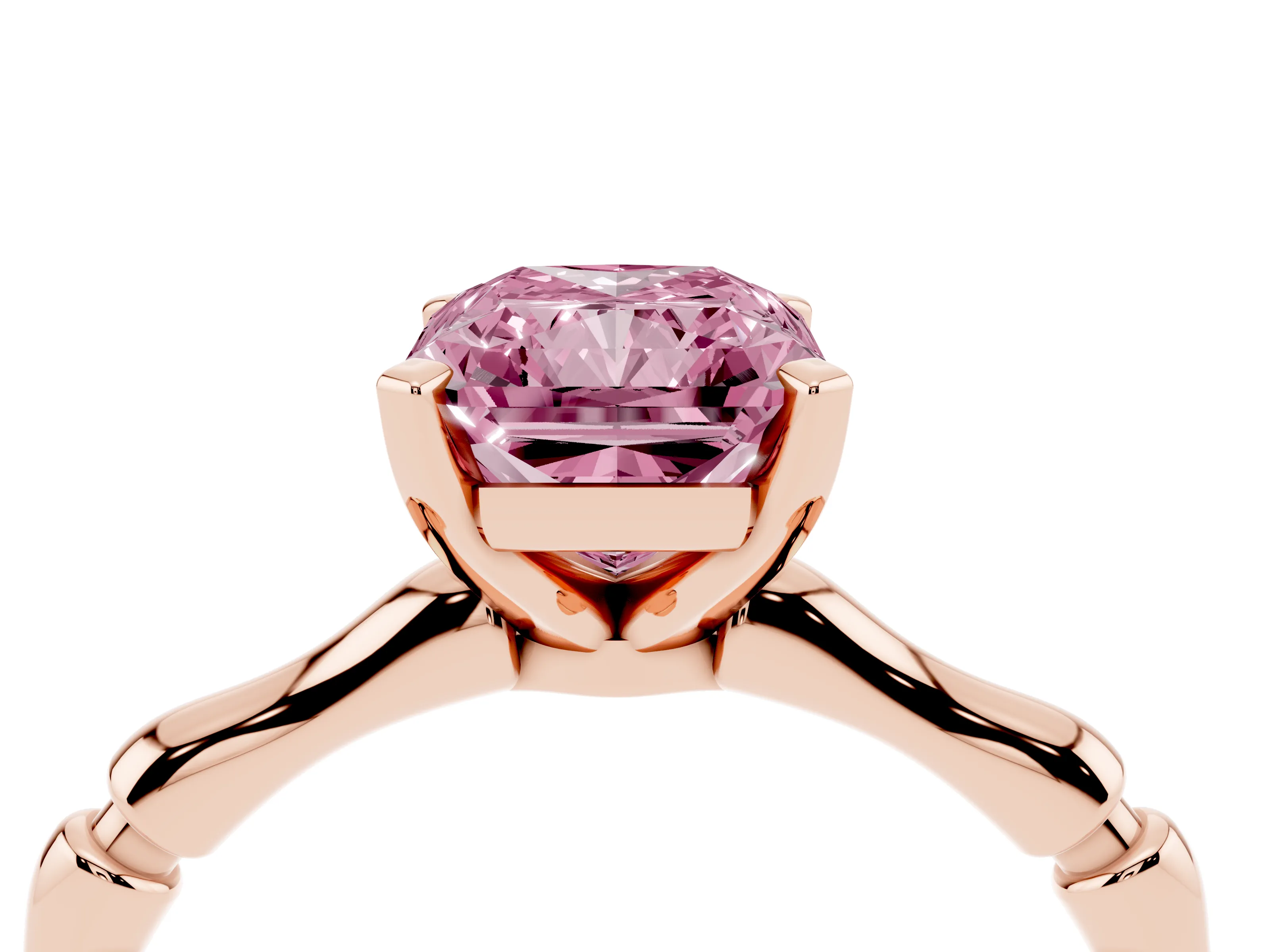 Fancy Pink Radiant Cut Diamond Solitaire Ring Set in Rose gold with Bamboo Band and Prong Setting