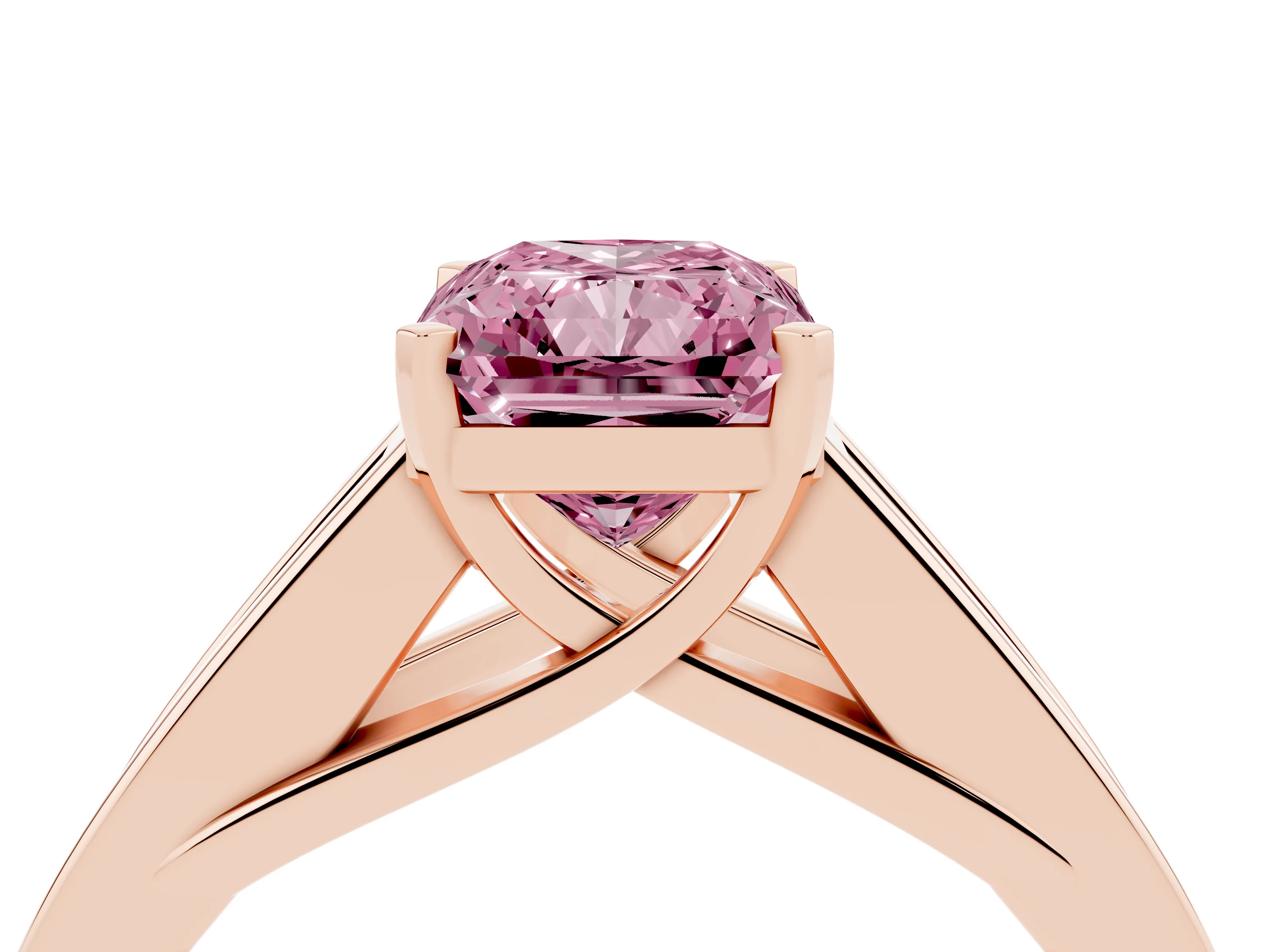 Fancy Pink Radiant Cut Diamond Solitaire Ring Set in Rose gold with Channel-Set Accent Stones and Prong Setting