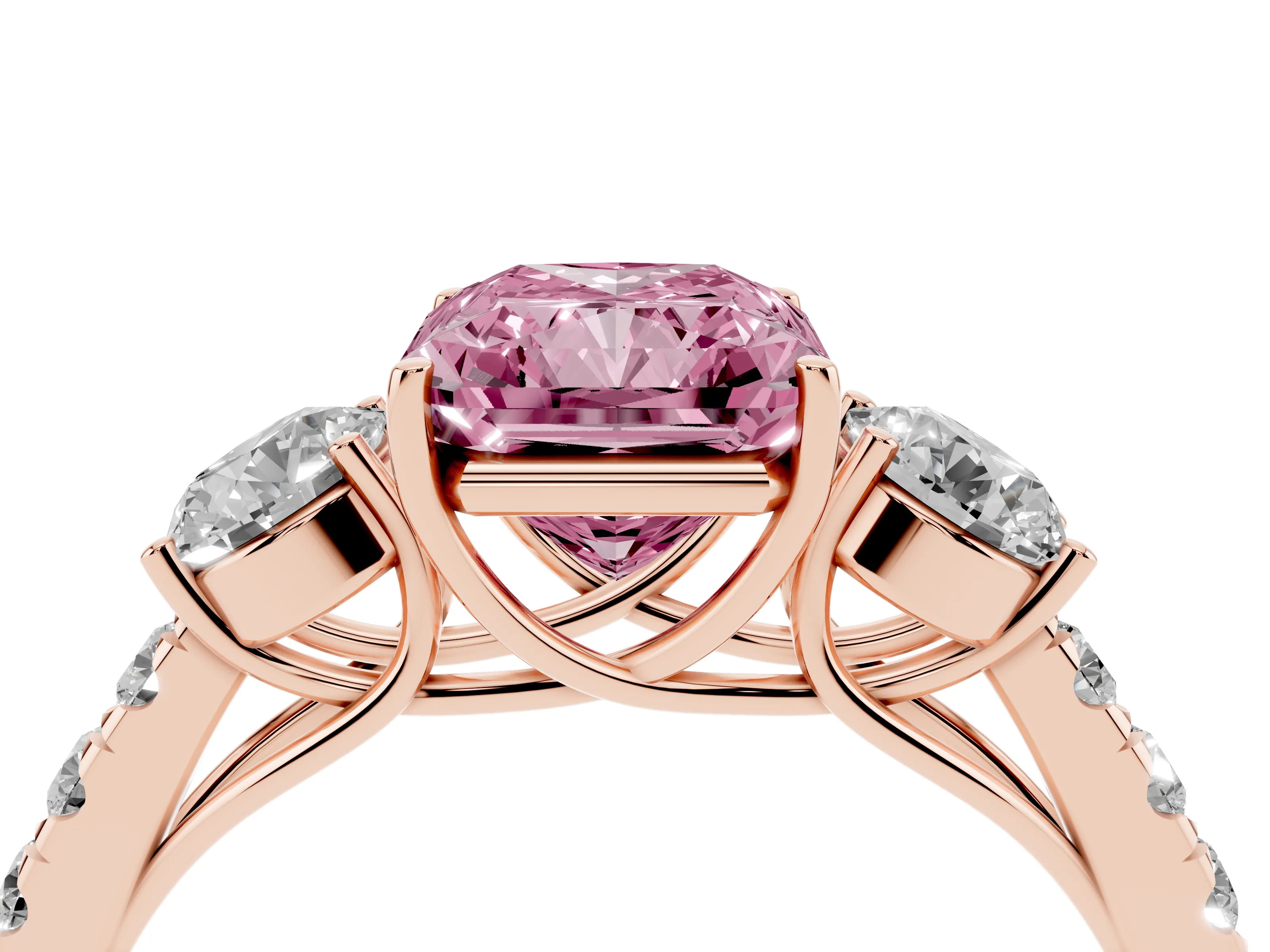 Fancy Pink Radiant Cut Diamond Three-Stone Ring Set in Rose gold with Round Side Stones and Delicate Pavé Band
