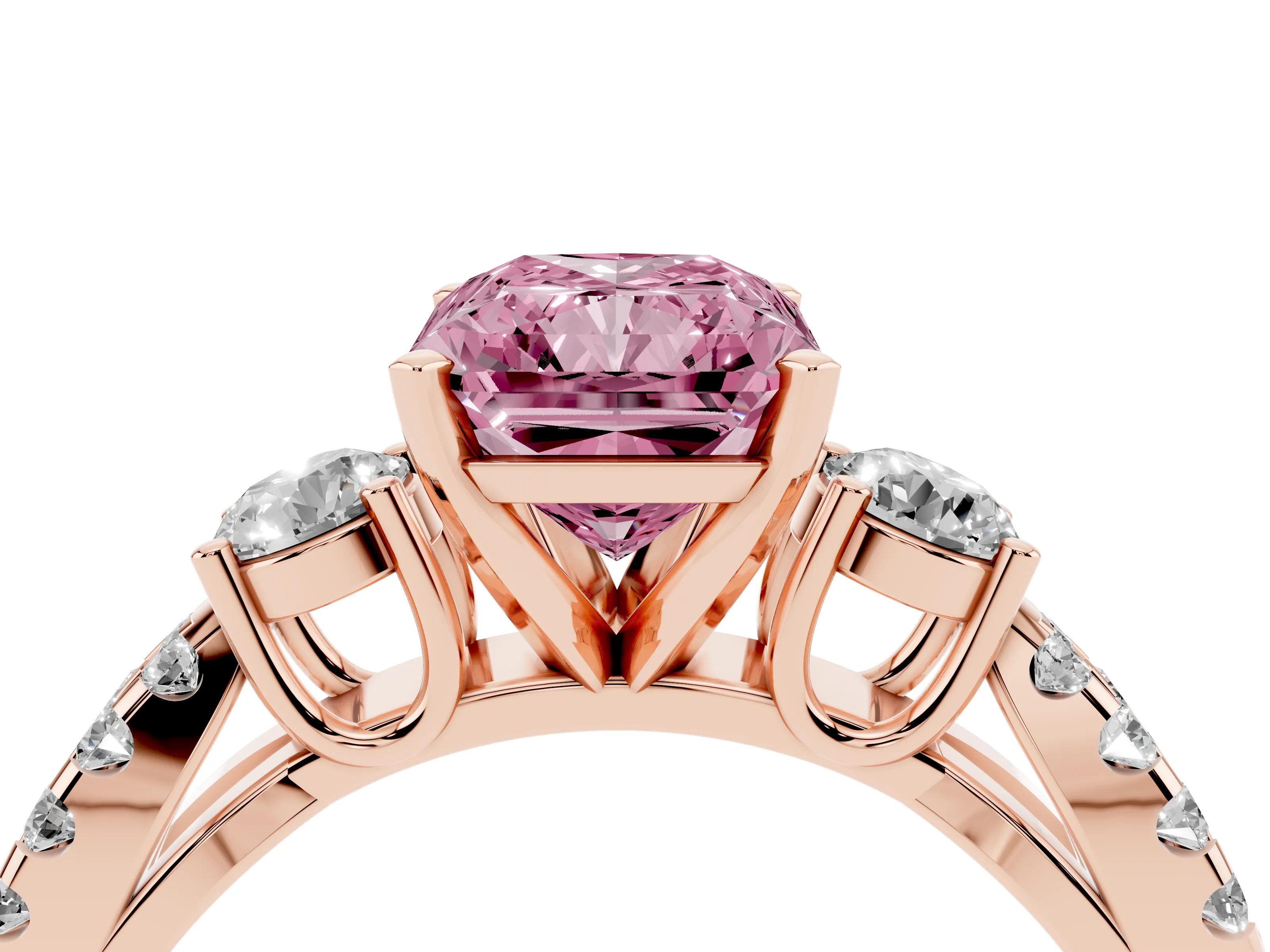 Fancy Pink Radiant Cut Diamond Three-Stone Ring Set in Rose gold with Pavé Split Shank and Prong Setting