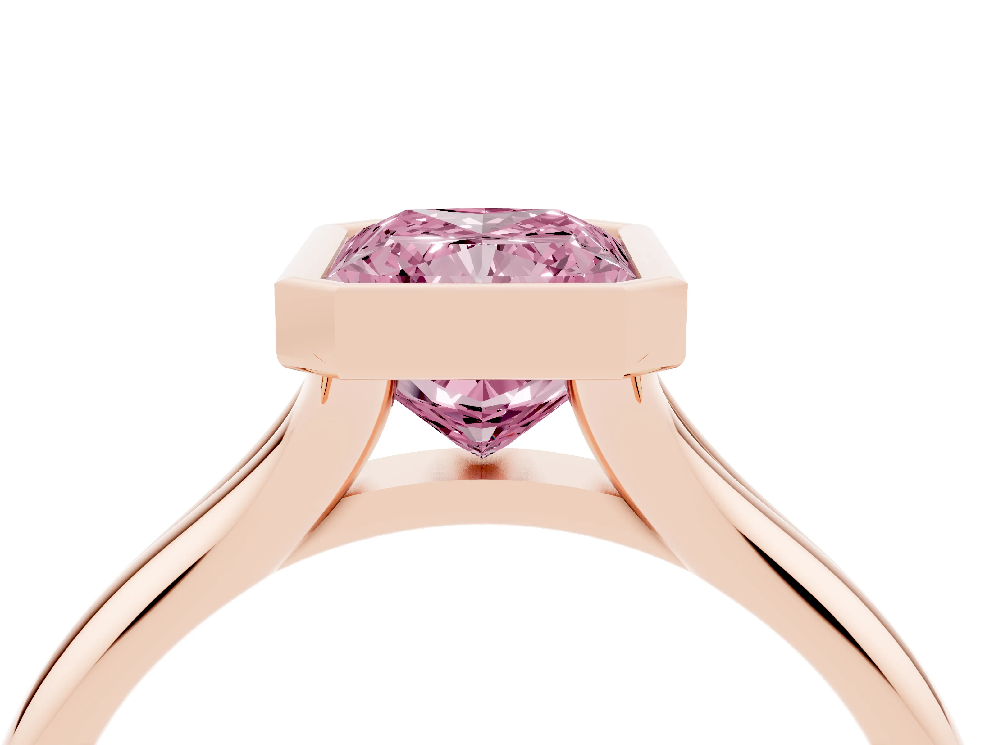 Fancy Pink Bezel Set Radiant Cut Diamond Solitaire Ring Set in Rose gold with Smooth Band