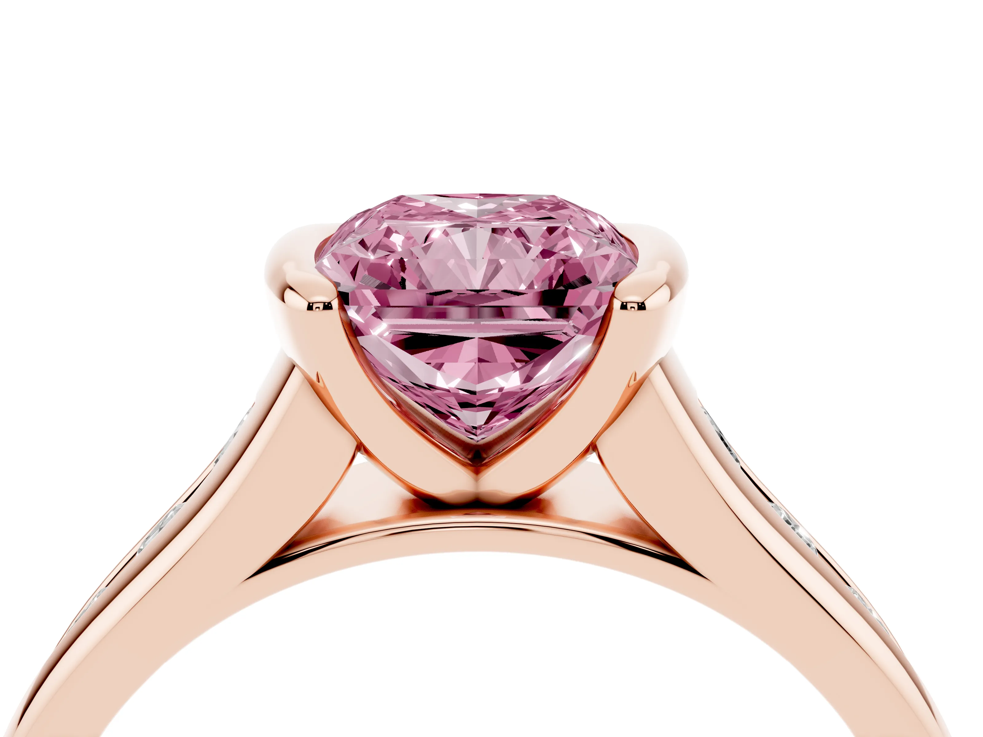 Fancy Pink Radiant Cut Diamond Bezel-Set Solitaire Ring Set in Rose gold with Channel-Set Band