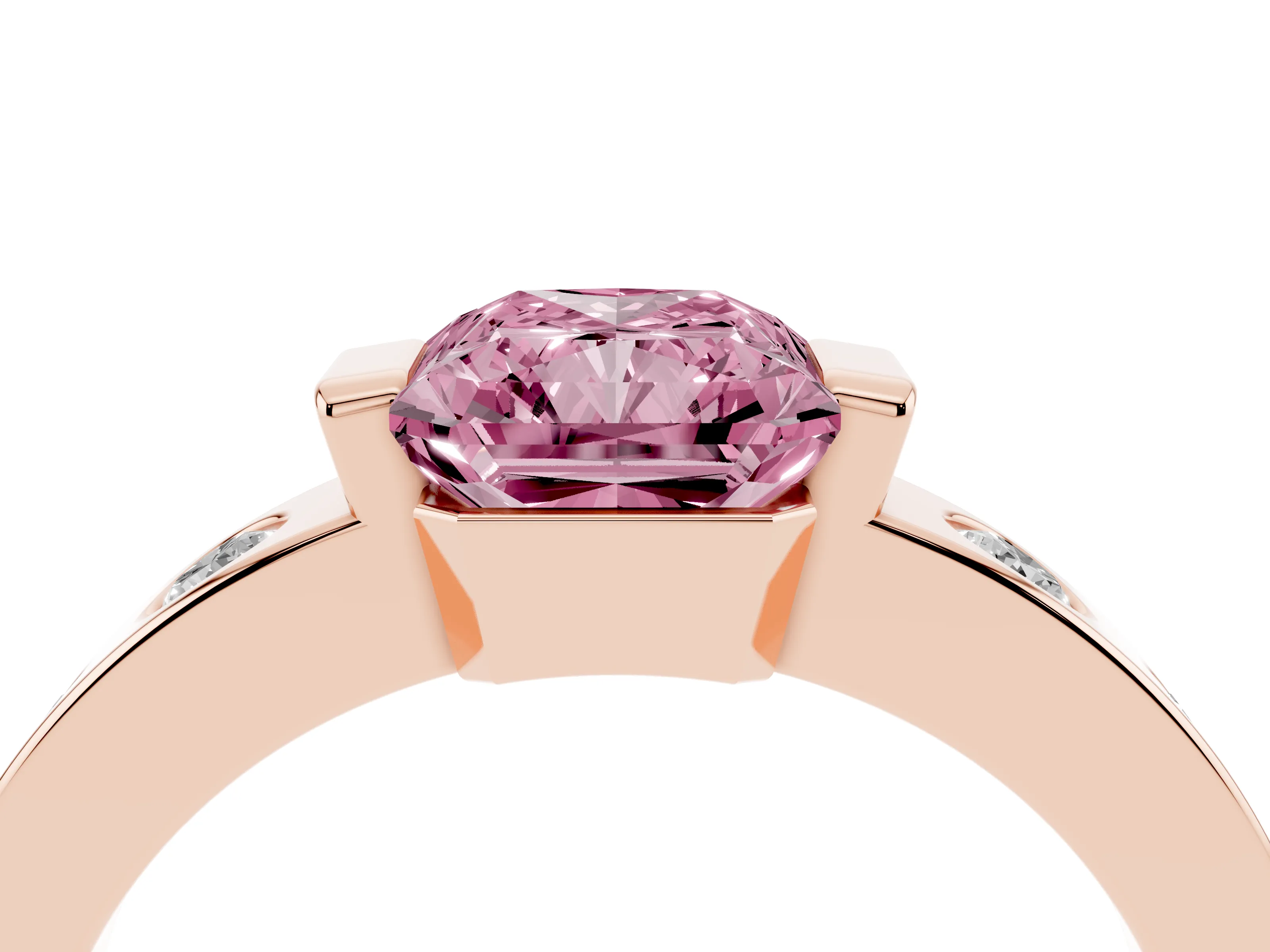 Fancy Pink Radiant Cut Diamond Channel-Set Band Ring Set in Rose gold with Bezel Prong Setting