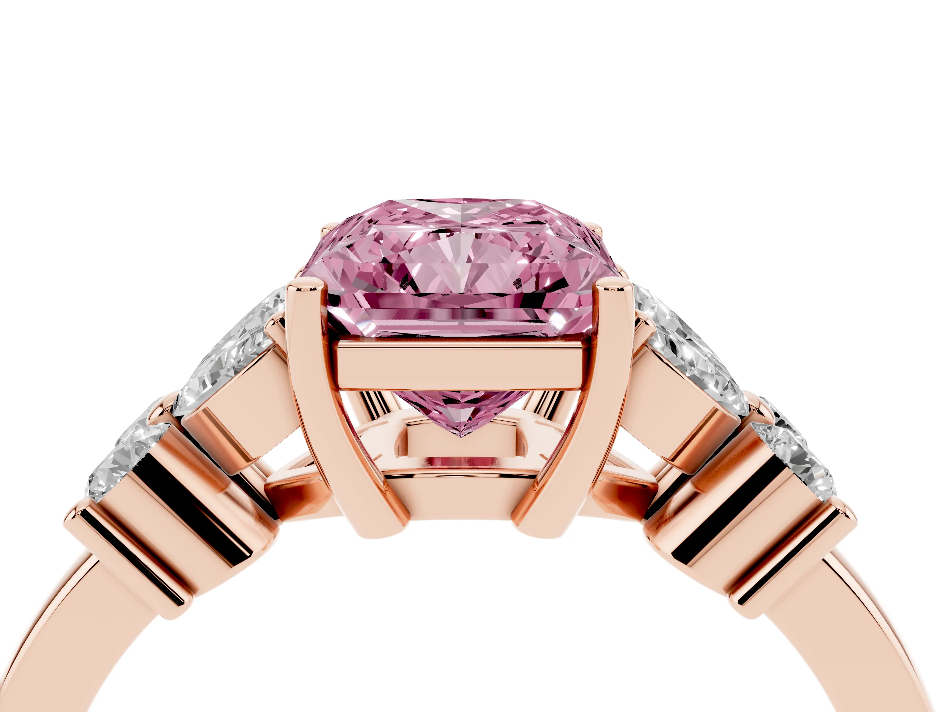 Fancy Pink Radiant Cut Diamond Floral Cluster Ring Set in Rose gold with Marquise Petals and Prong Setting