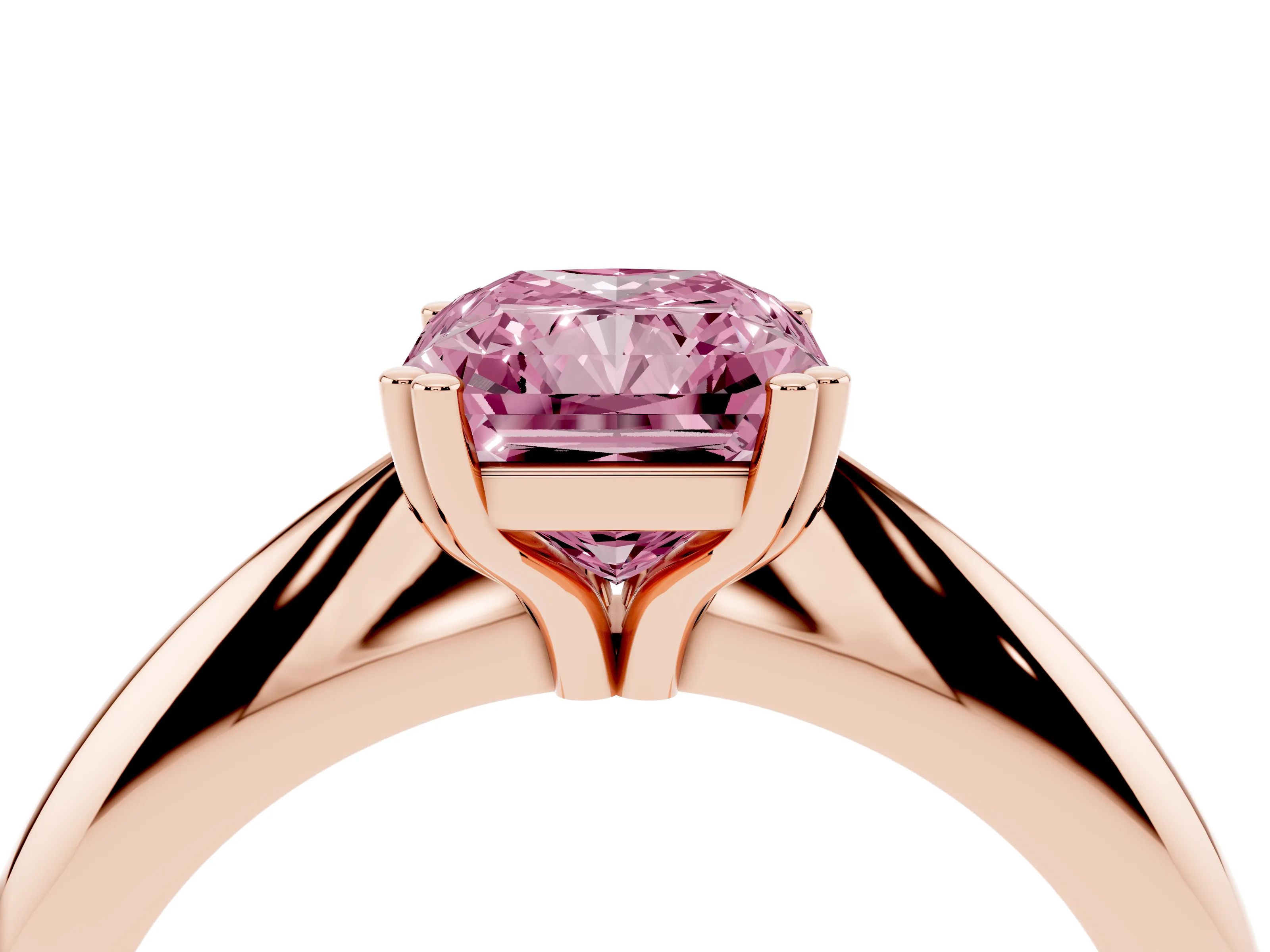 Fancy Pink Radiant Cut Diamond Solitaire Engagement Ring Set in Rose gold with Tapered Band and Prong Setting