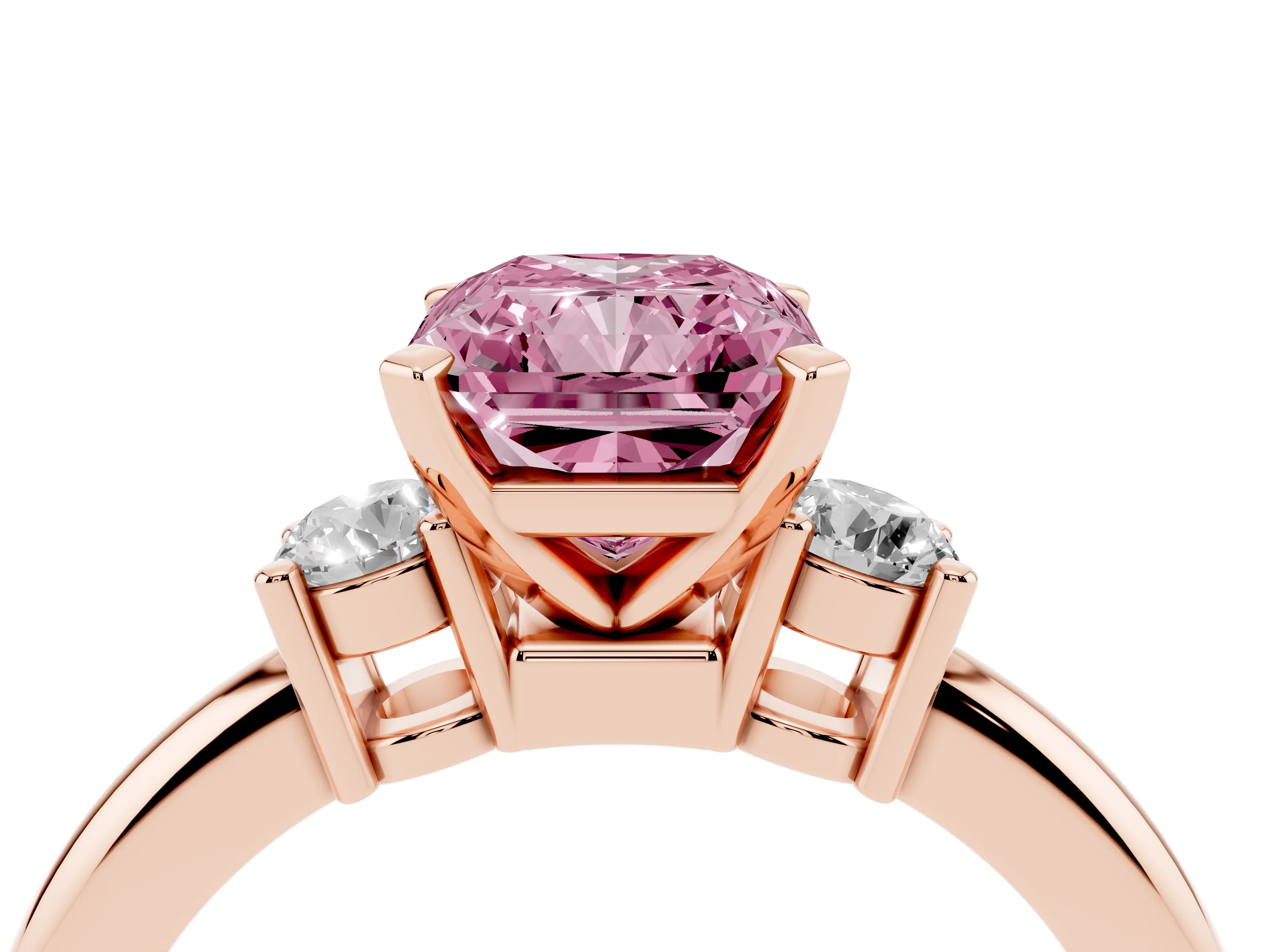 Fancy Pink Three-Stone Radiant Cut Diamond Ring Set in Rose gold with Prong Setting and Plain Band
