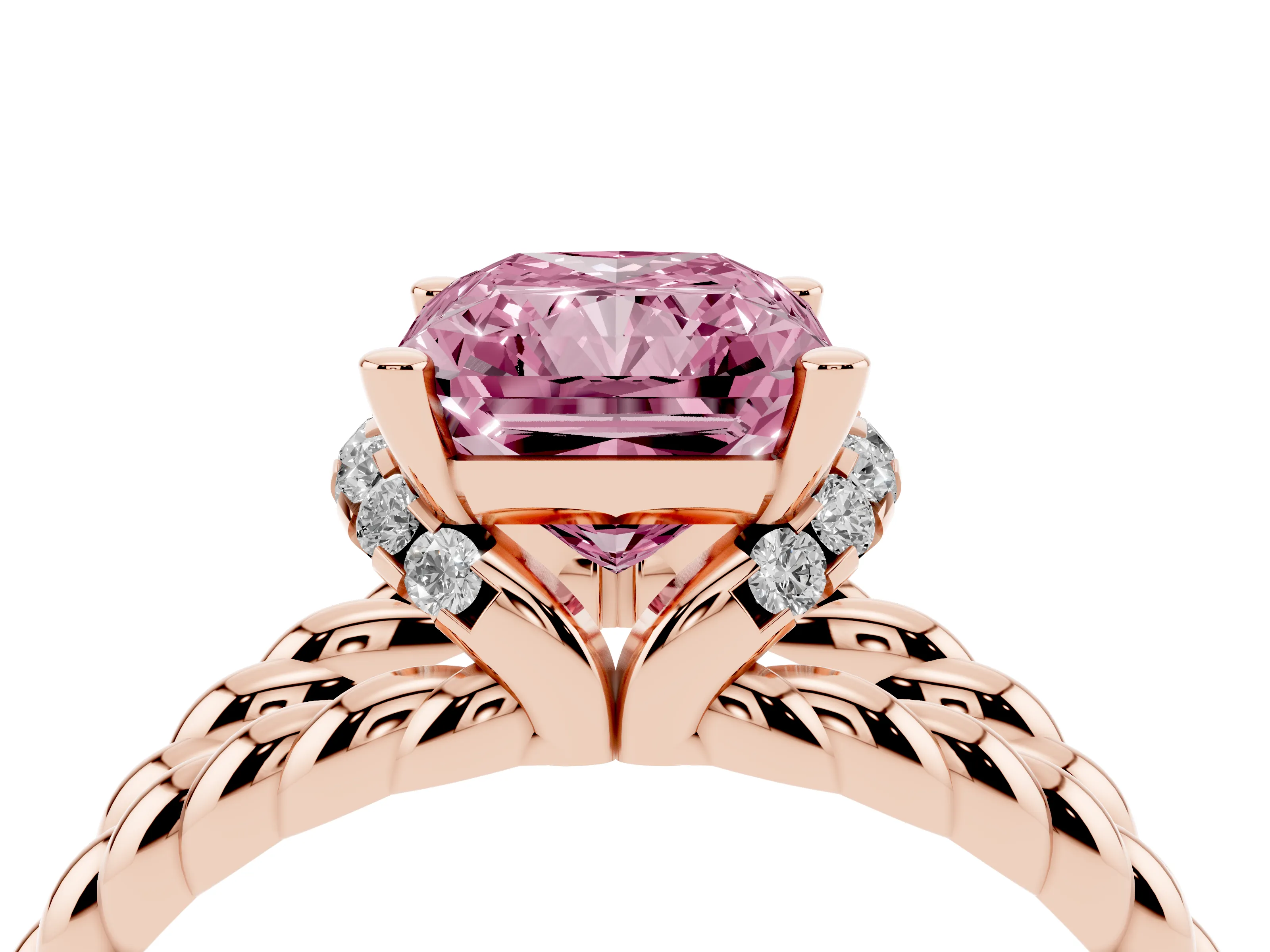 Fancy Pink Radiant Cut Diamond Halo Ring Set in Rose gold with Twisted Band and Prong Setting