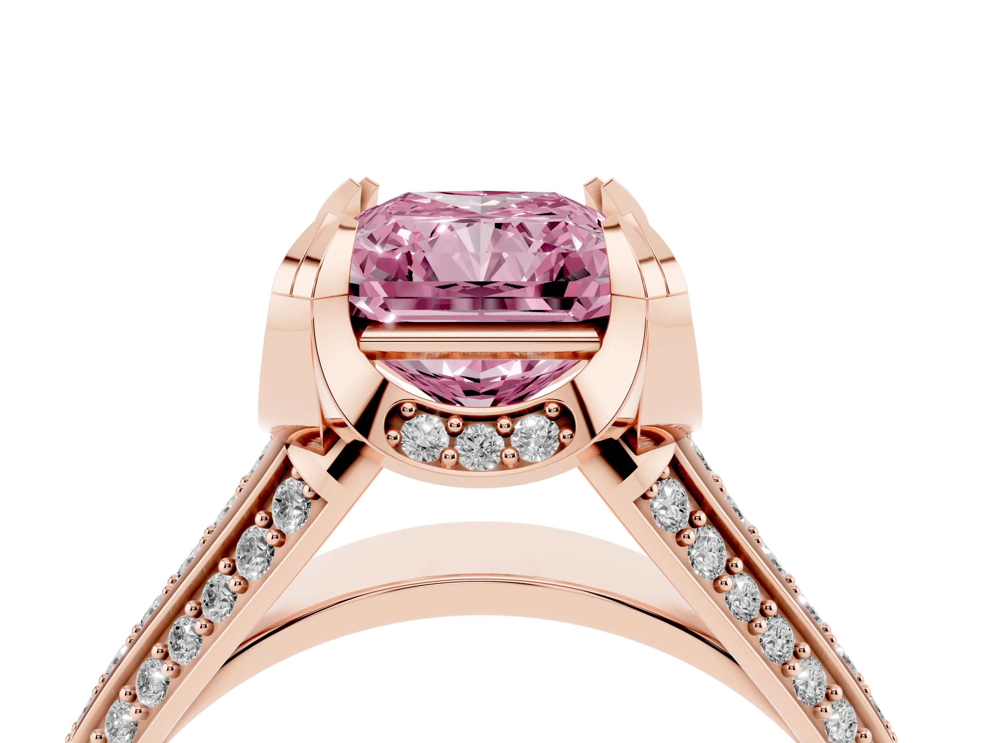 Fancy Pink Radiant Cut Diamond Pavé Split Shank Solitaire Ring Set in Rose gold with Prong Setting