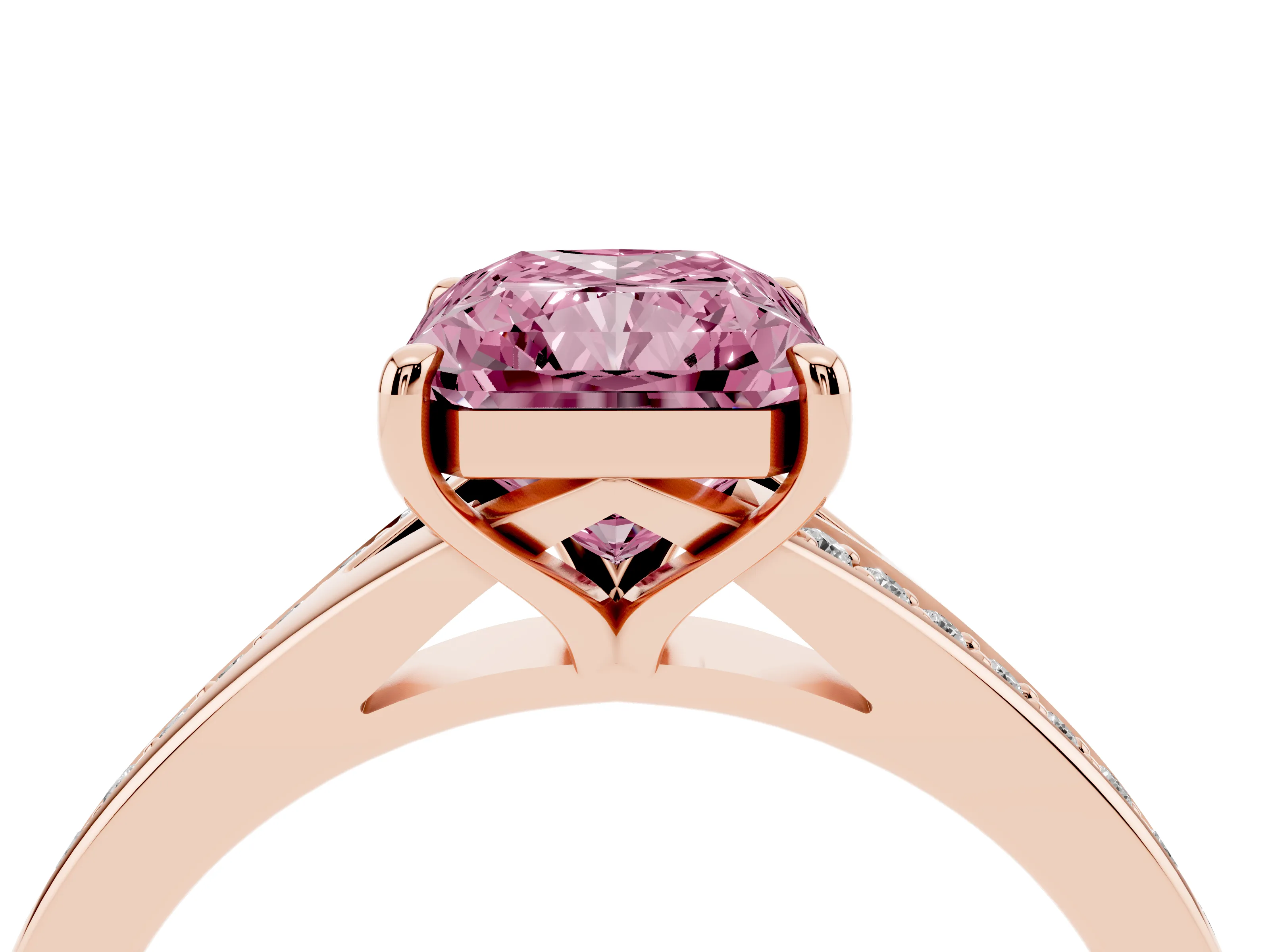 Fancy Pink Radiant Cut Diamond Solitaire Ring Set in Rose gold with Pavé Accent Band and Classic Prong Setting