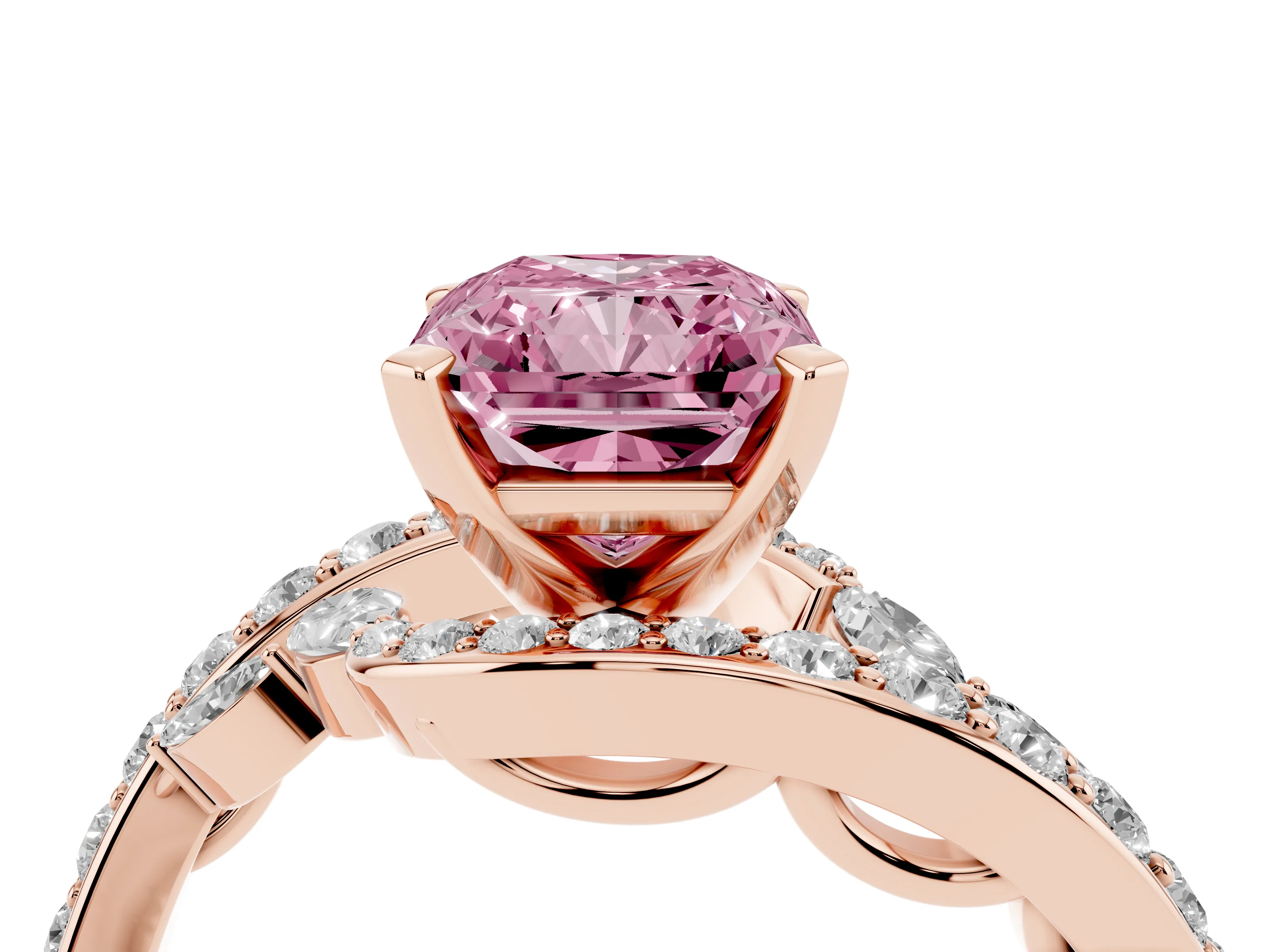 Fancy Pink Radiant Cut Diamond Solitaire Ring Set in Rose gold with Pavé Twist Band and Secure Prong Setting