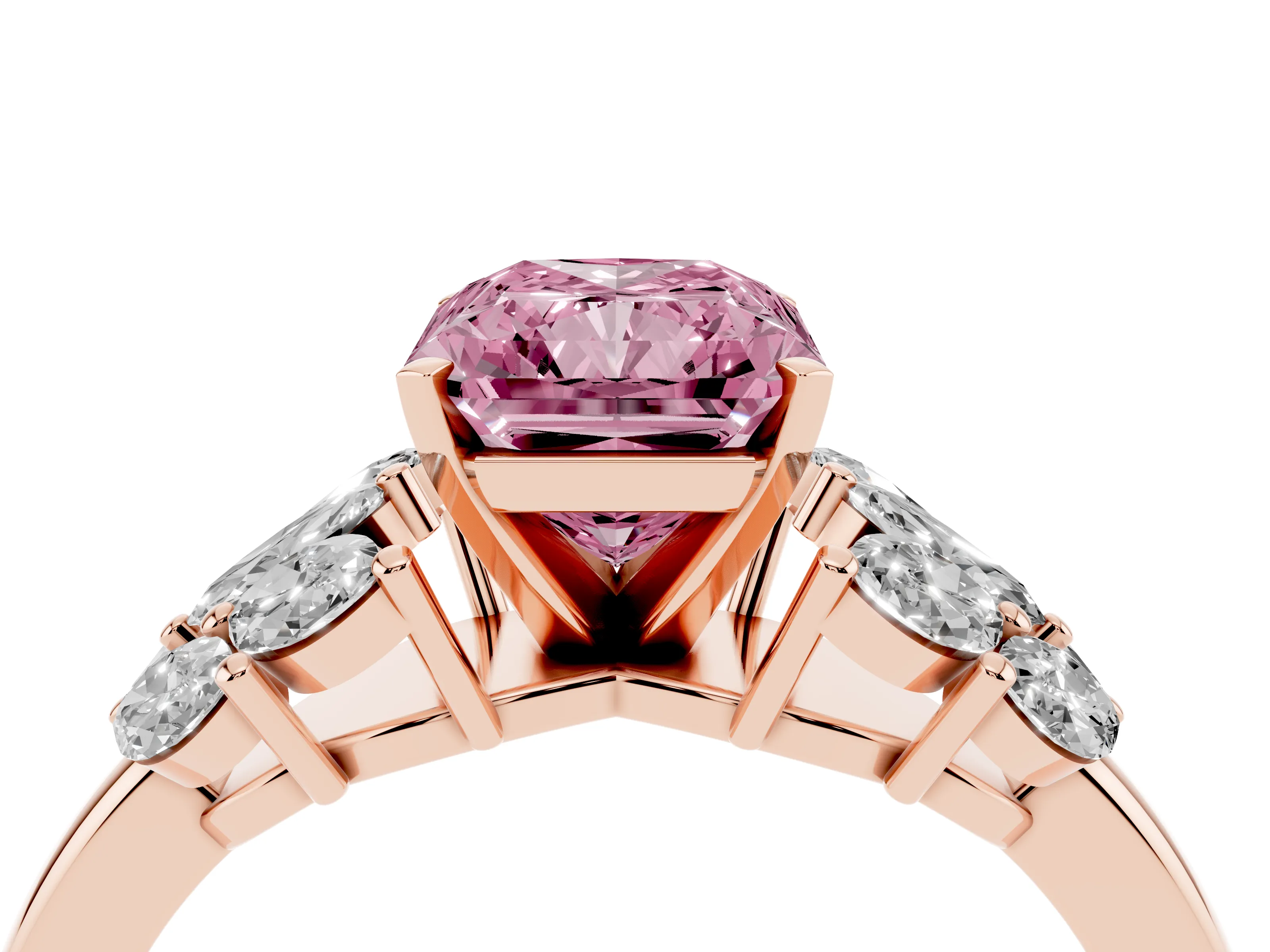 Fancy Pink Radiant Cut Diamond Cluster Leaf Design Ring Set in Rose gold with Prong Setting
