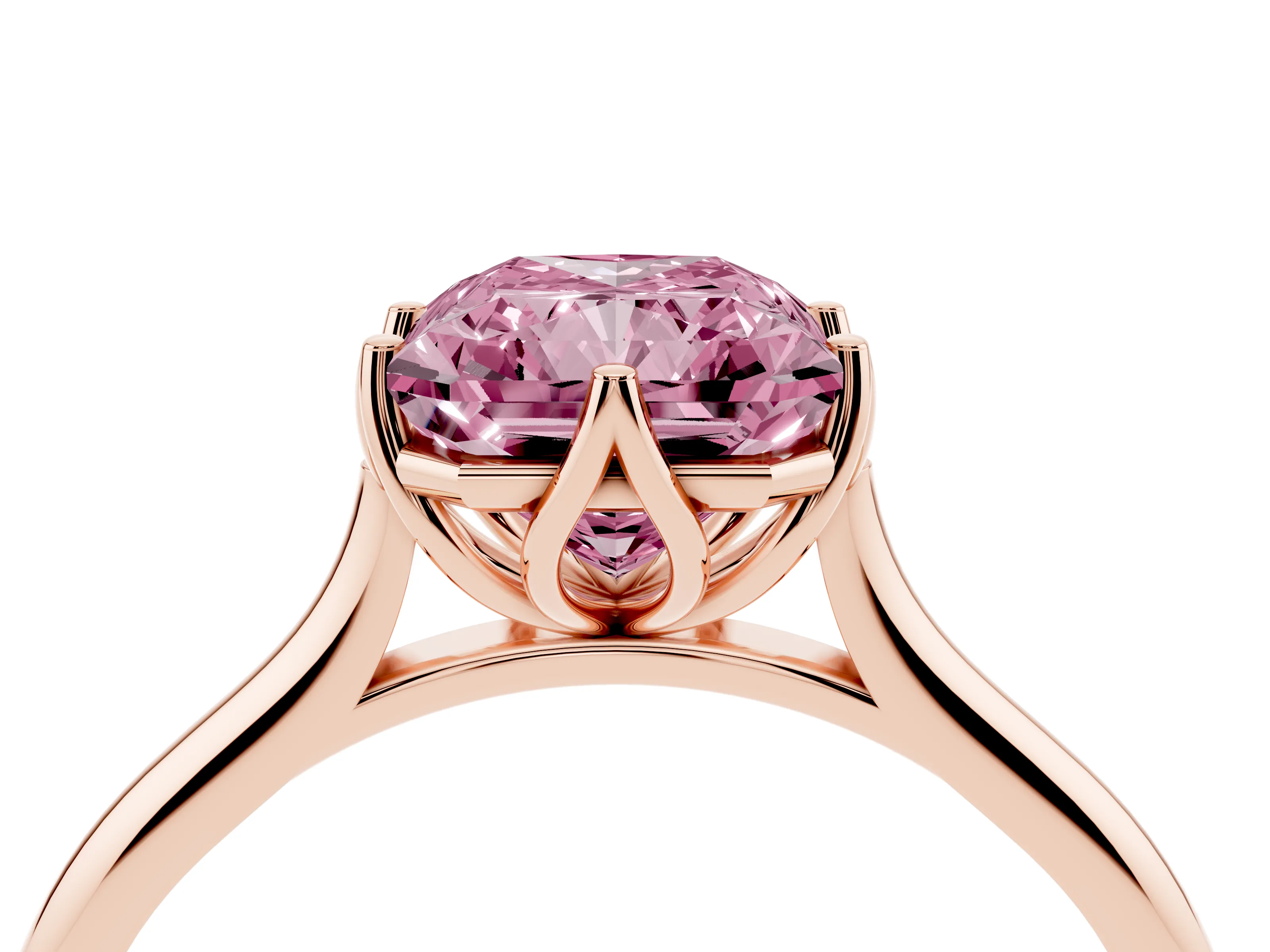 Fancy Pink Radiant Cut Diamond Solitaire Cathedral Ring Set in Rose gold with Prong Setting