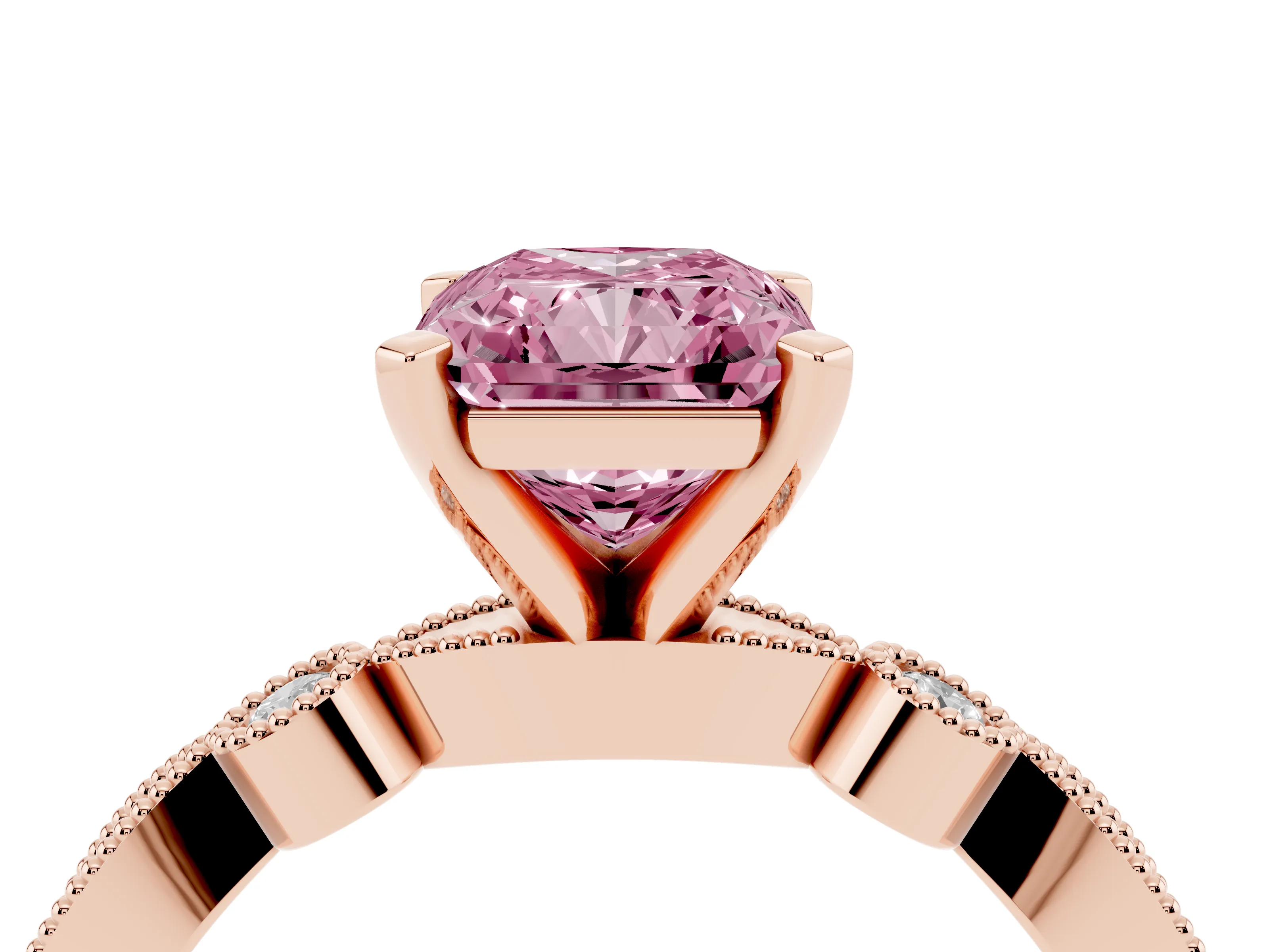 Fancy Pink Radiant Cut Diamond Solitaire Engagement Ring Set in Rose gold with Milgrain Bezel Accent Band
