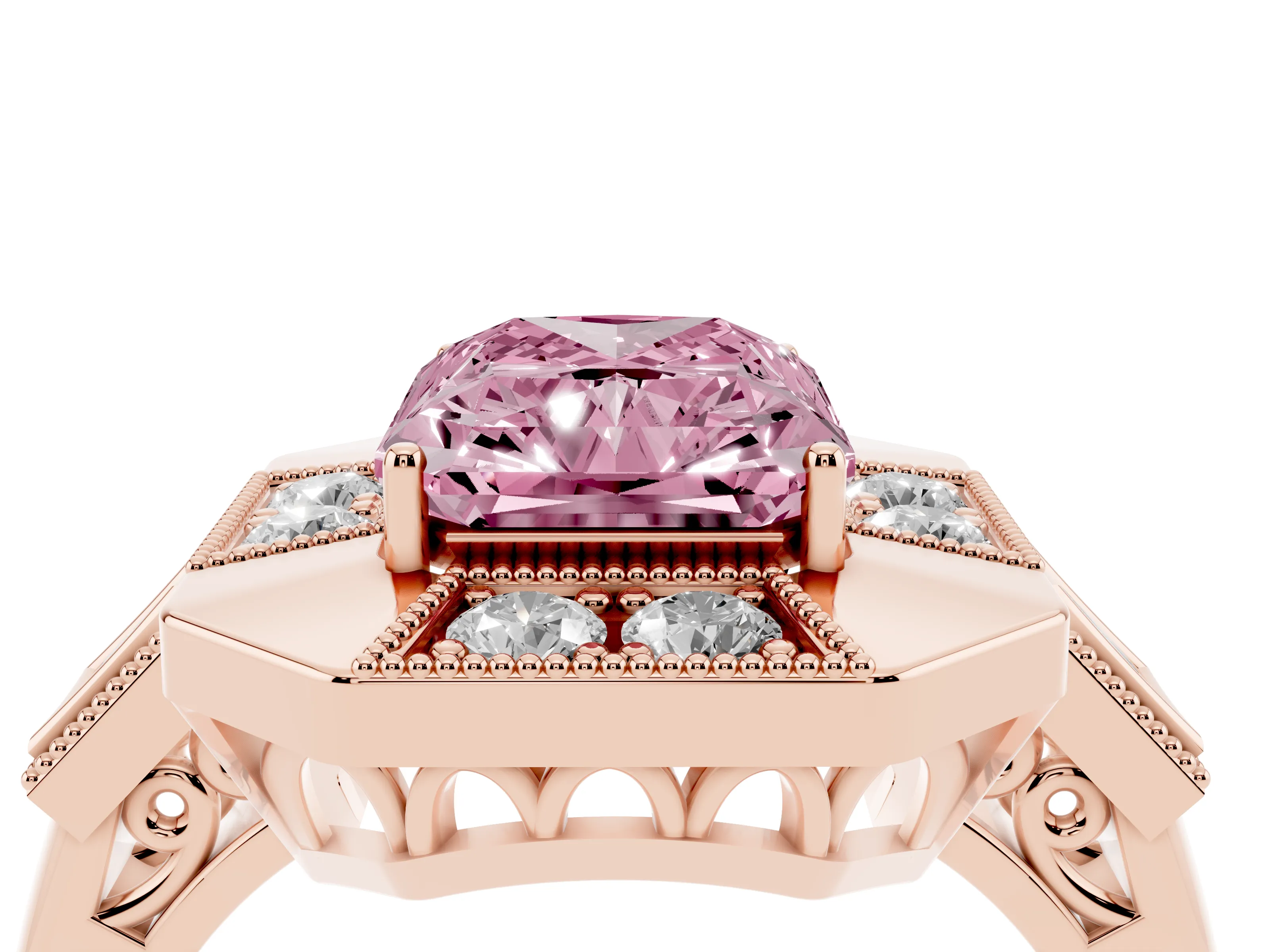 Fancy Pink Radiant Cut Diamond Milgrain Halo Ring Set in Rose gold with Split Shank