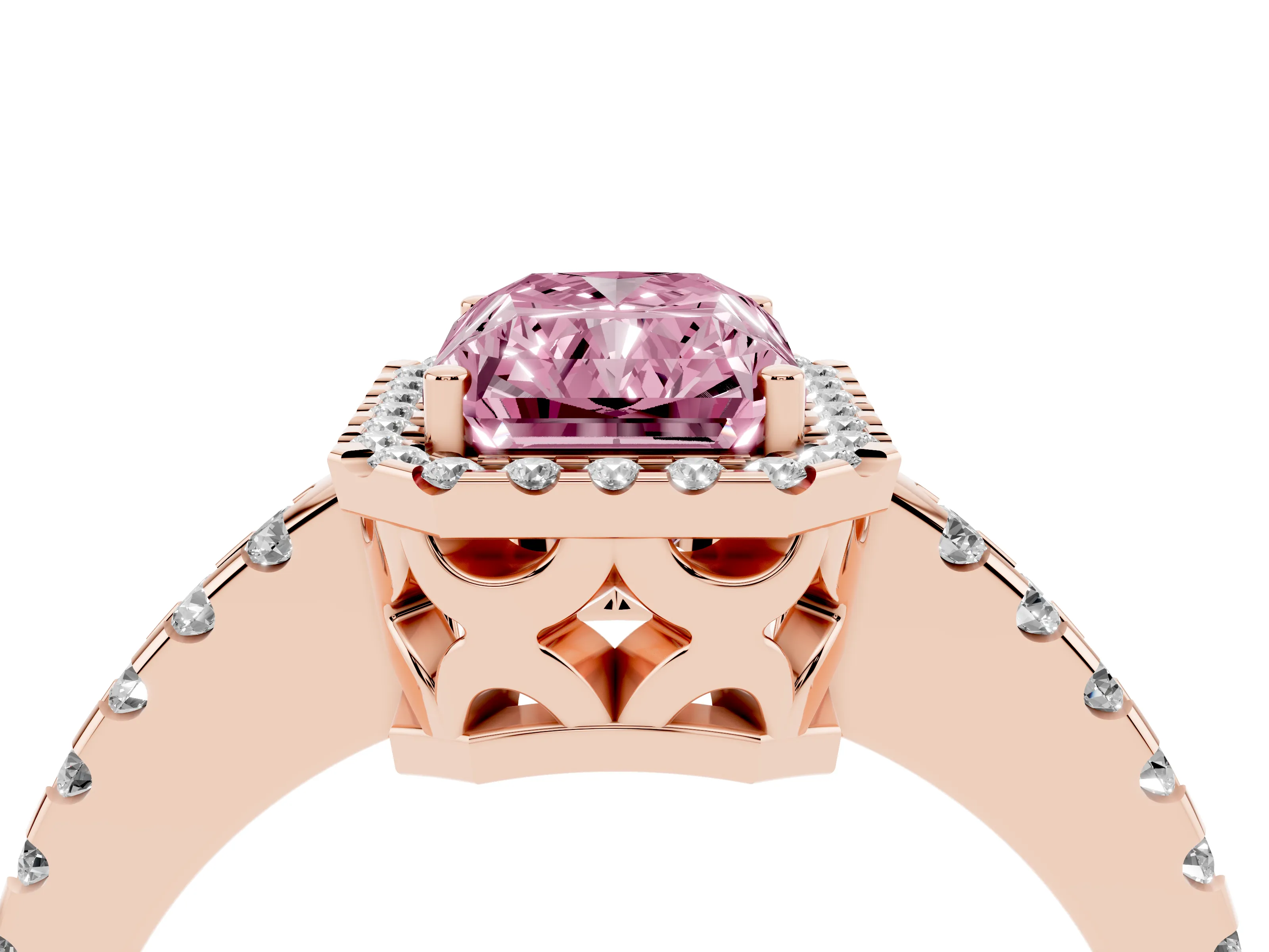 Fancy Pink Radiant Cut Diamond Halo Ring Set in Rose gold with Pavé Shoulders and Halo-Framed Center