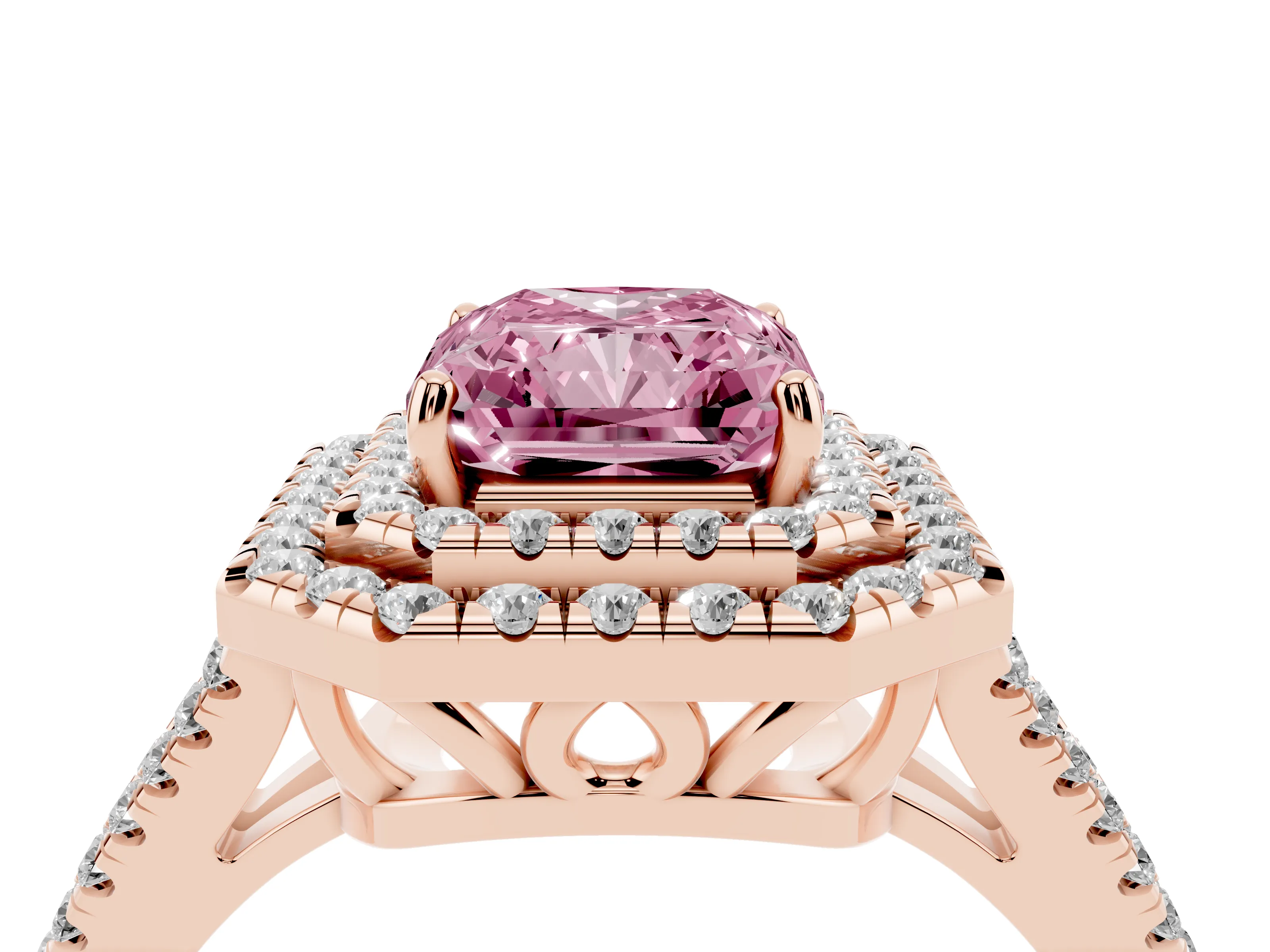 Fancy Pink Radiant Cut Diamond Double Halo Ring Set in Rose gold with Pavé Band