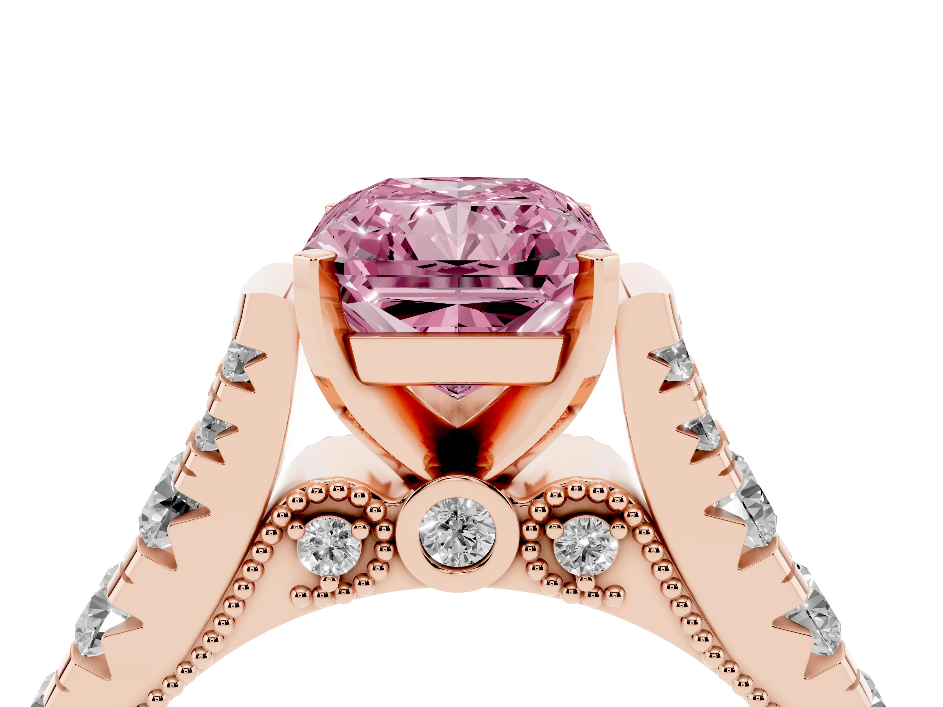 Fancy Pink Radiant Cut Diamond Classic Solitaire Ring Set in Rose gold with Pavé Band and Prong Setting