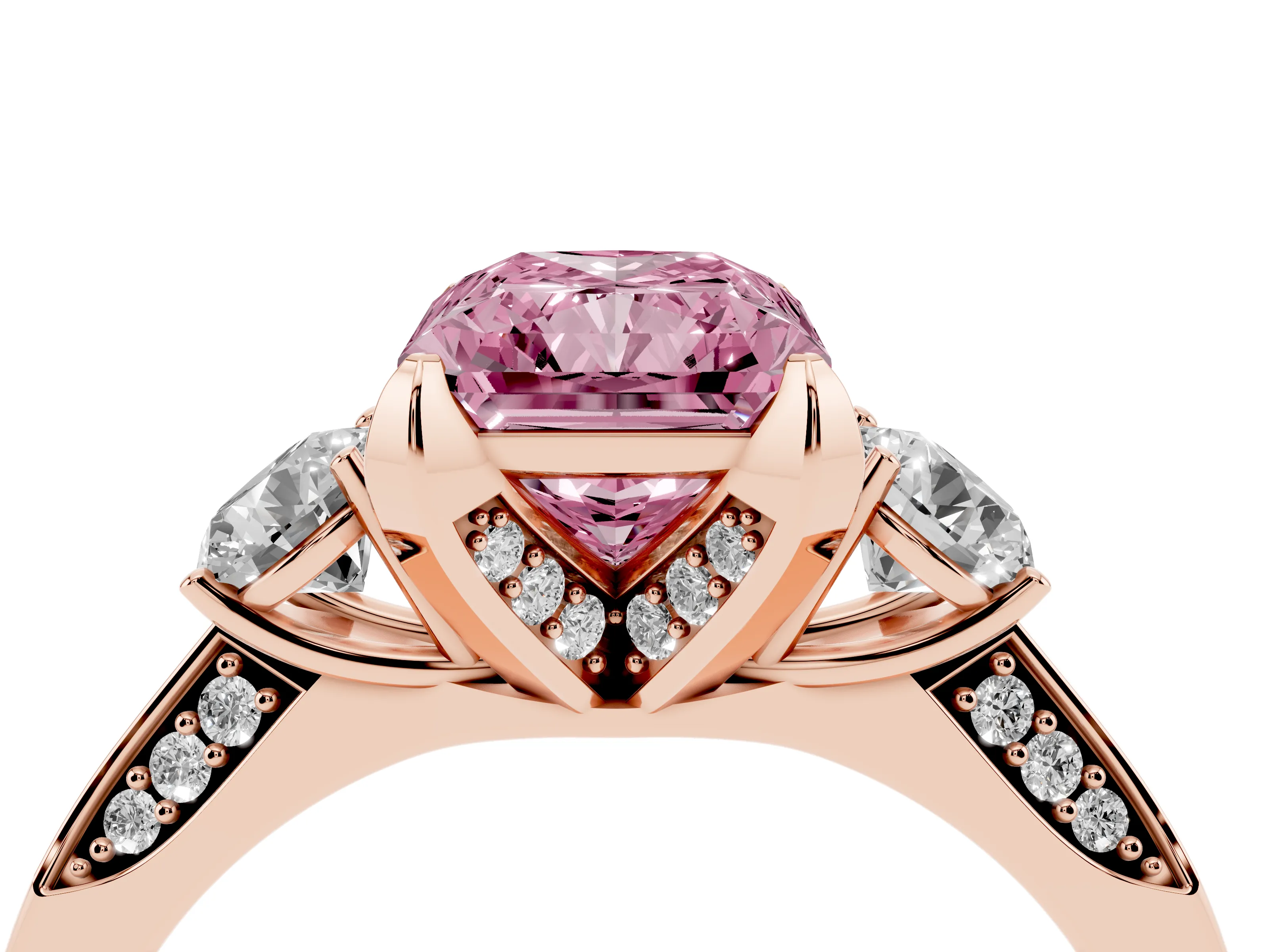 Fancy Pink Radiant Cut Diamond Three-Stone Ring Set in Rose gold with Pavé Band and Smaller Side Stones