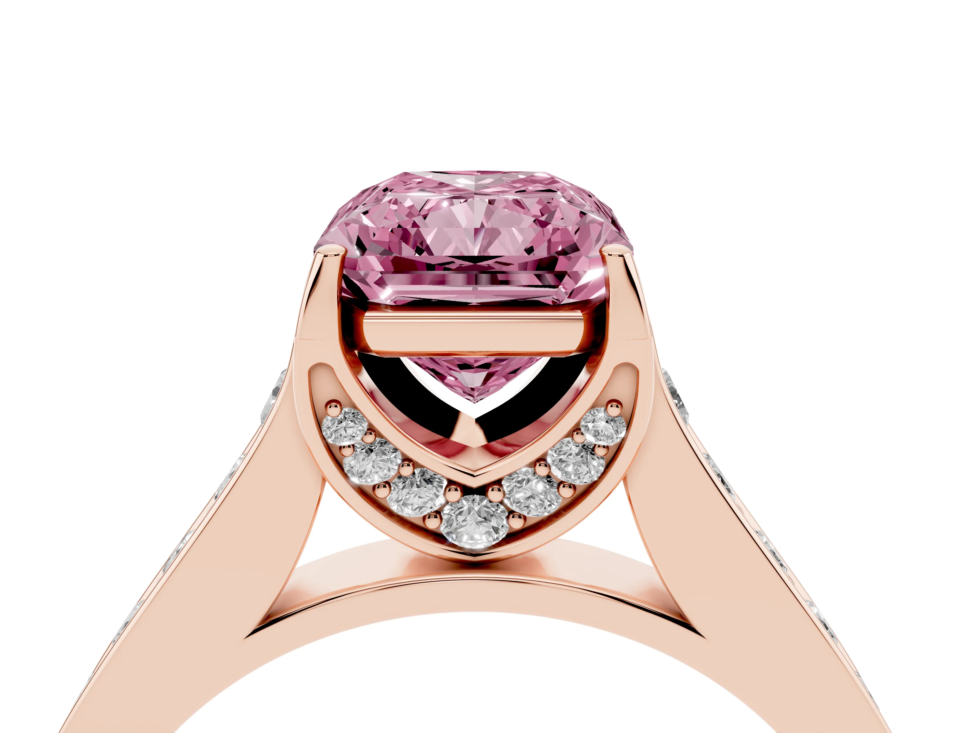 Fancy Pink Radiant Cut Diamond Solitaire Pavé Engagement Ring Set in Rose gold with Prong Setting
