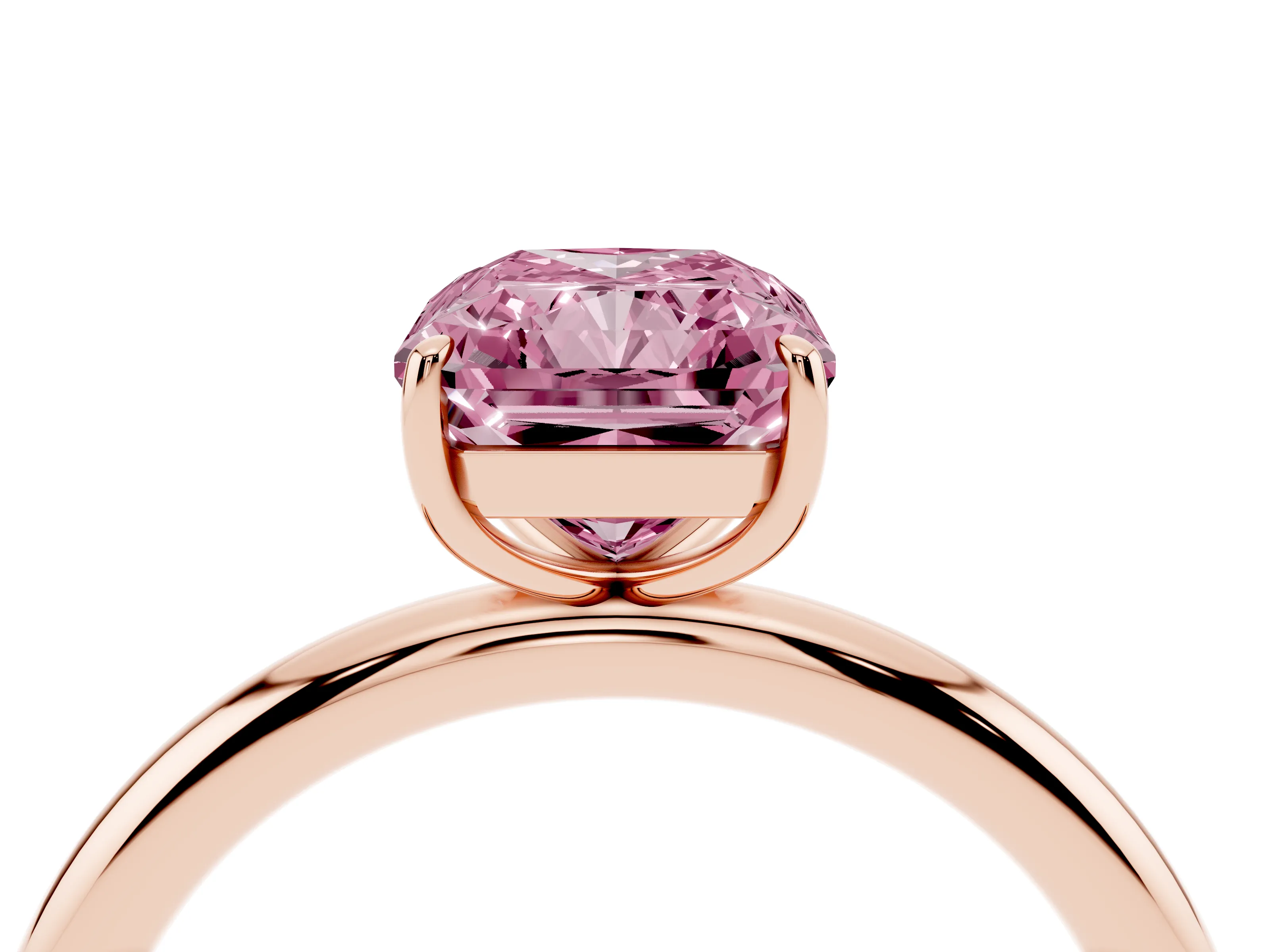 Fancy Pink Radiant Cut Diamond Solitaire Ring Set in Rose gold with Prong Setting on a Polished Plain Band