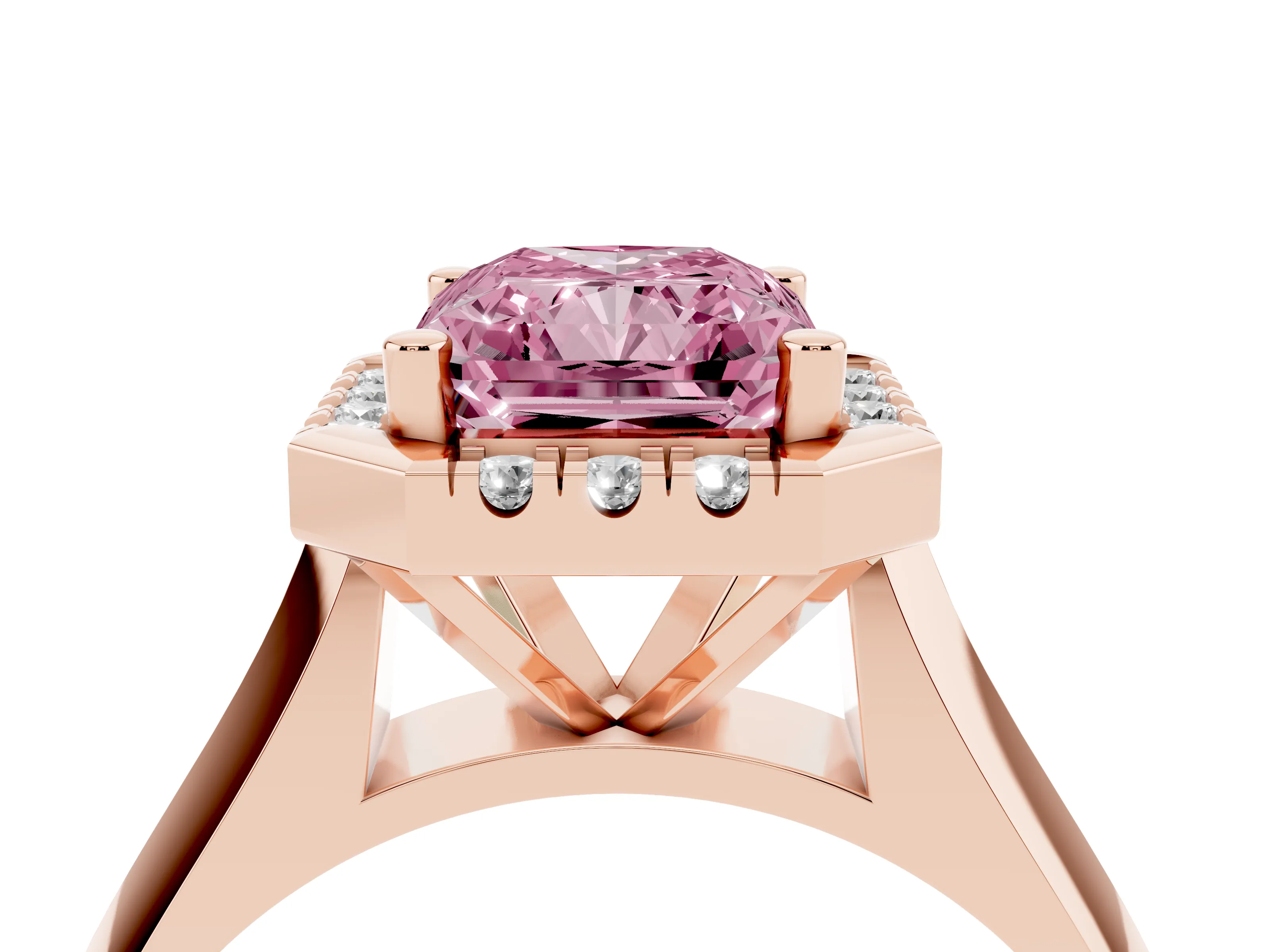 Fancy Pink Radiant Cut Diamond Halo Solitaire Engagement Ring Set in Rose gold with Square Band and Prong Setting