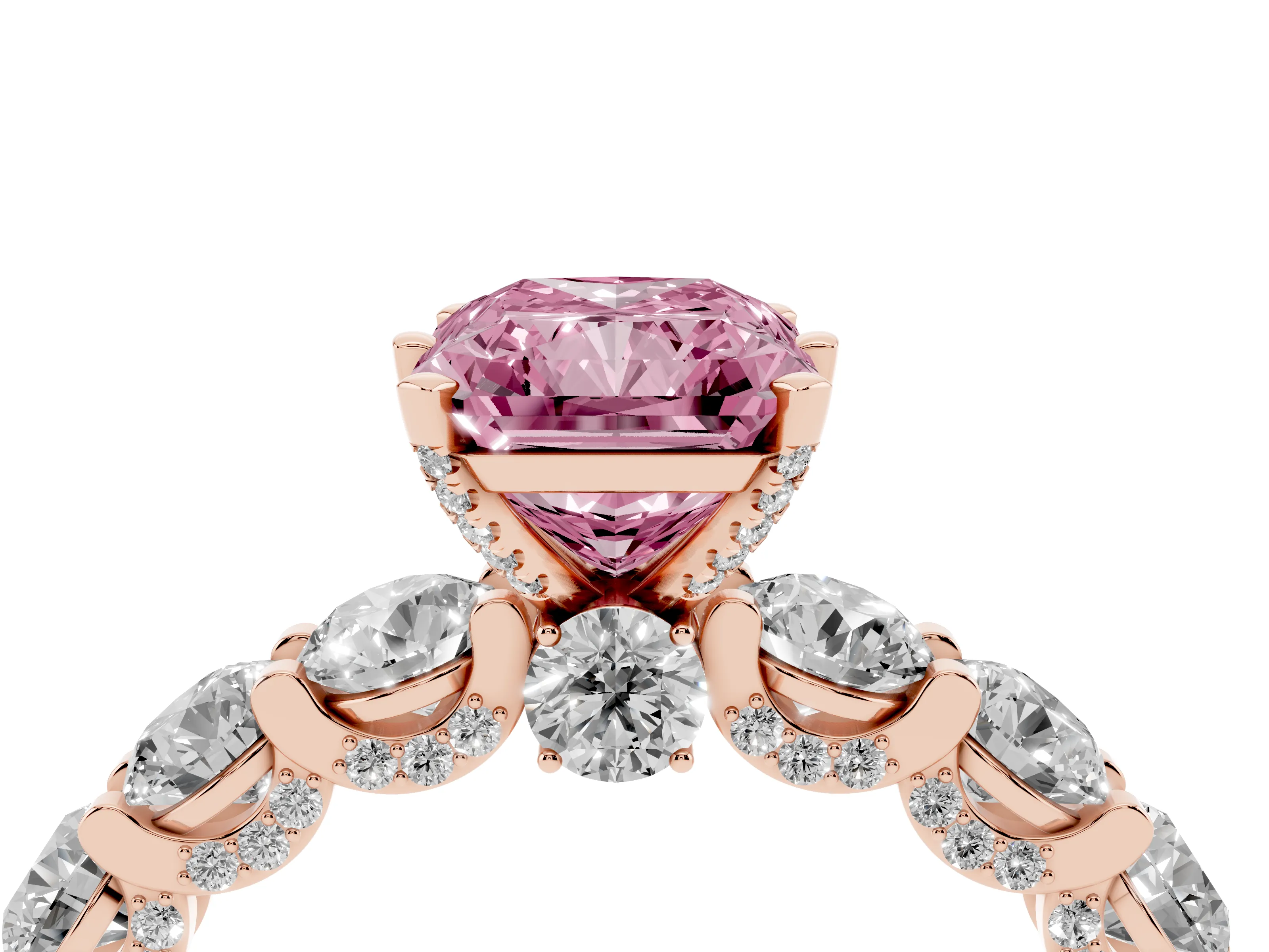 Fancy Pink Radiant Cut Diamond Side Stone Ring Set in Rose gold with Alternating Round and Oval Side Stones