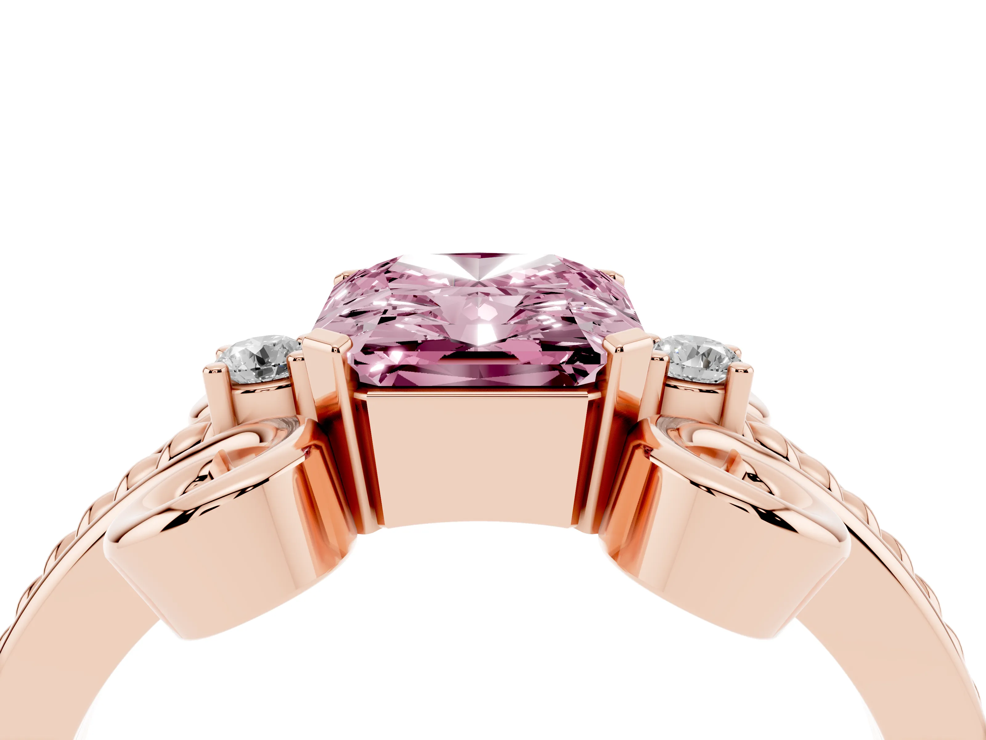 Fancy Pink Radiant Cut Diamond Twisted Band Solitaire Ring Set in Rose gold with Scroll Prongs