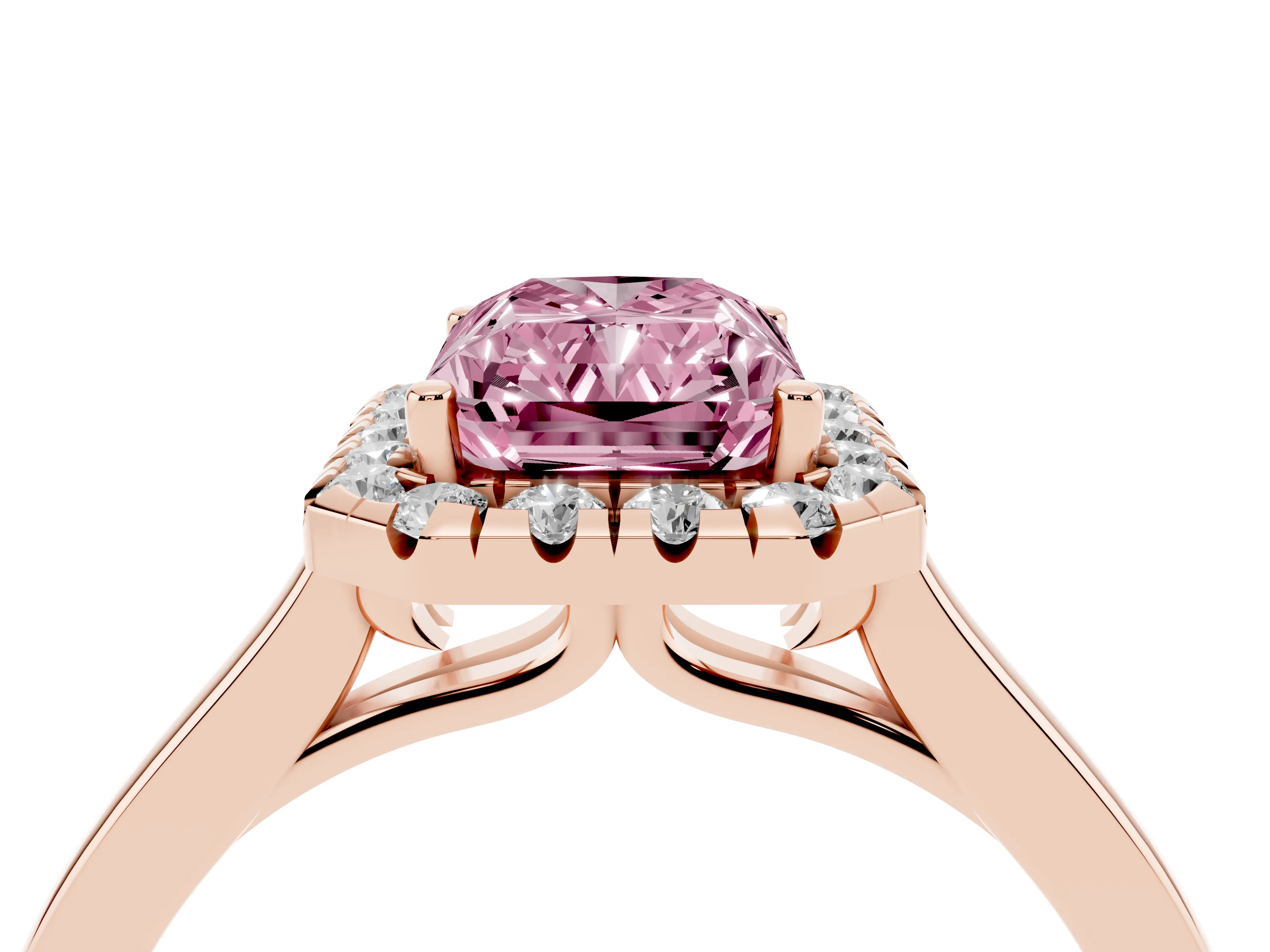 Fancy Pink Radiant Cut Halo Round Diamond Solitaire Ring Set in Rose gold with Pavé Band and Prong Setting