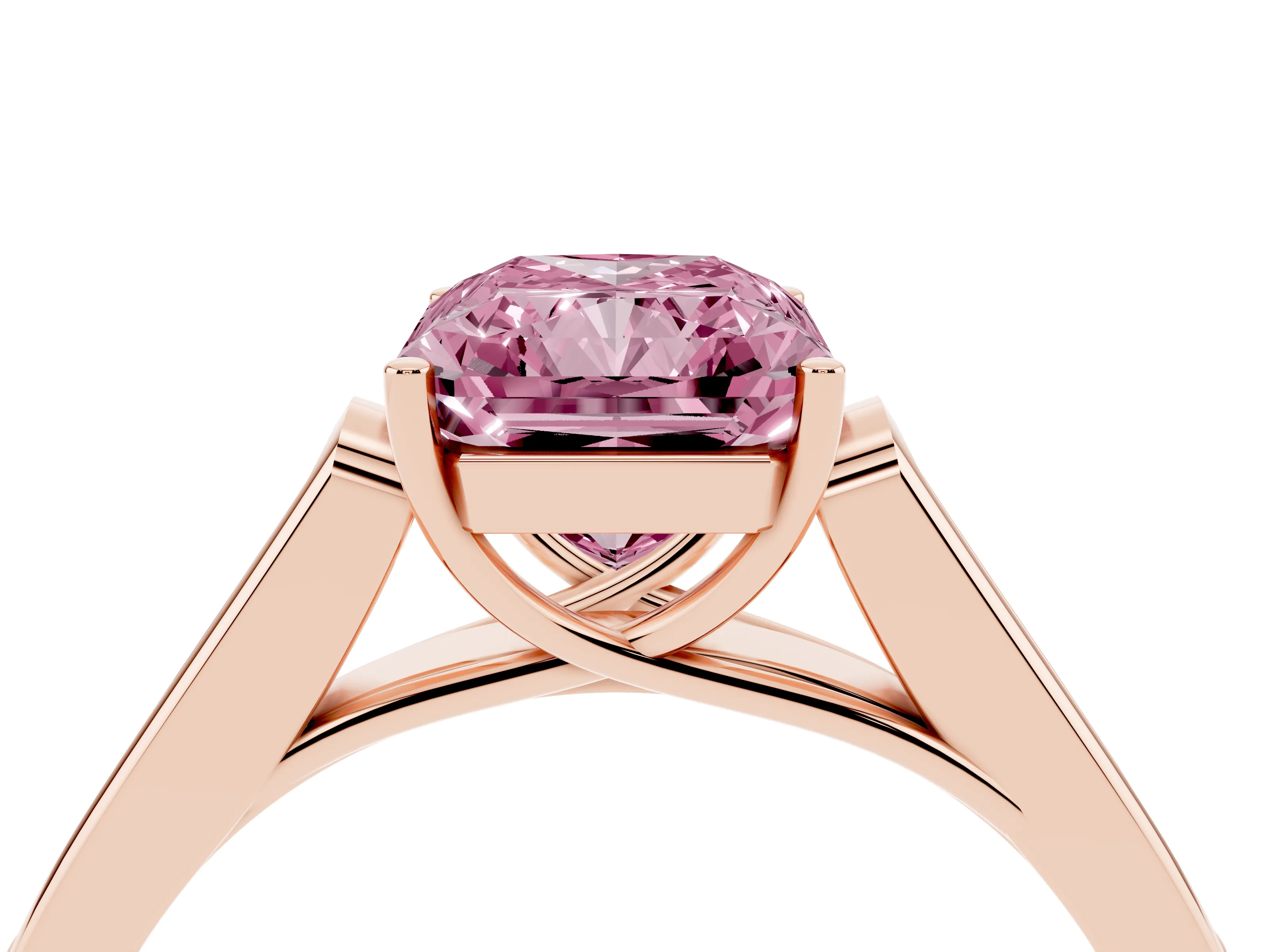 Fancy Pink Radiant Cut Diamond Solitaire Cathedral Engagement Ring Set in Rose gold with Channel-Set Band and Prong Setting