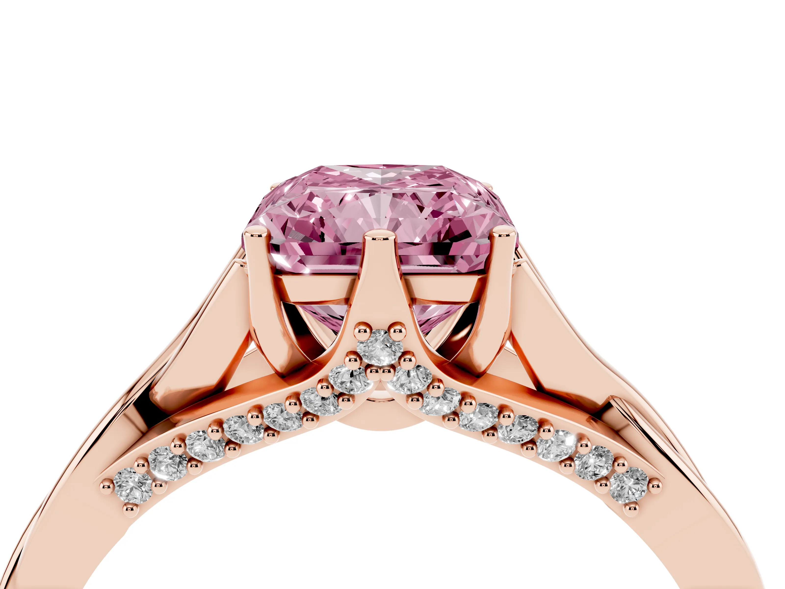 Fancy Pink Radiant Cut Diamond Intertwined Twist Band Solitaire Ring Set in Rose gold with Prong Setting