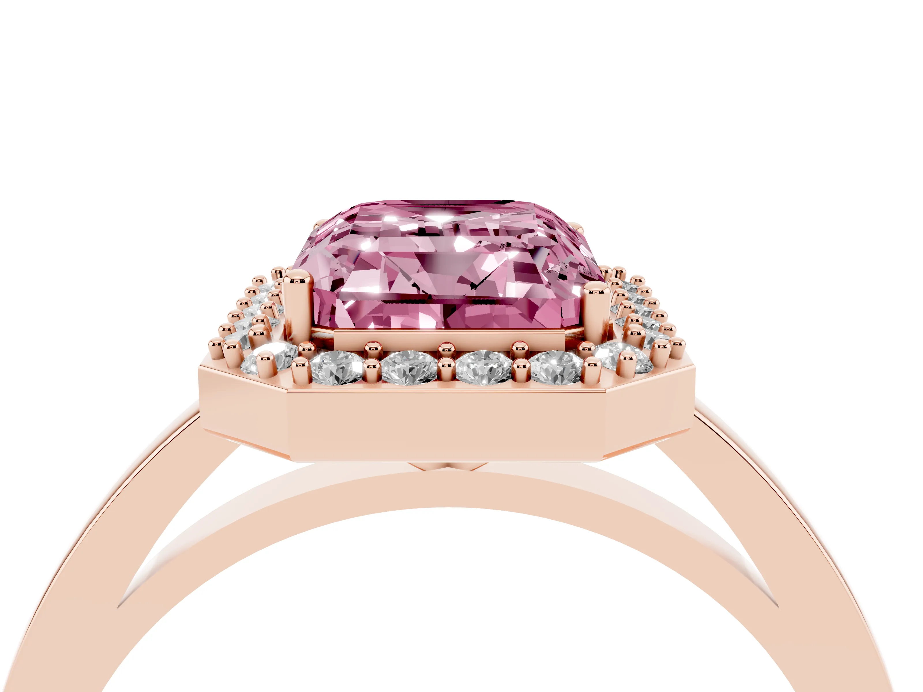 Fancy Pink Radiant Cut Diamond Halo Ring Set in Rose gold with Solitaire Band and Prong Setting