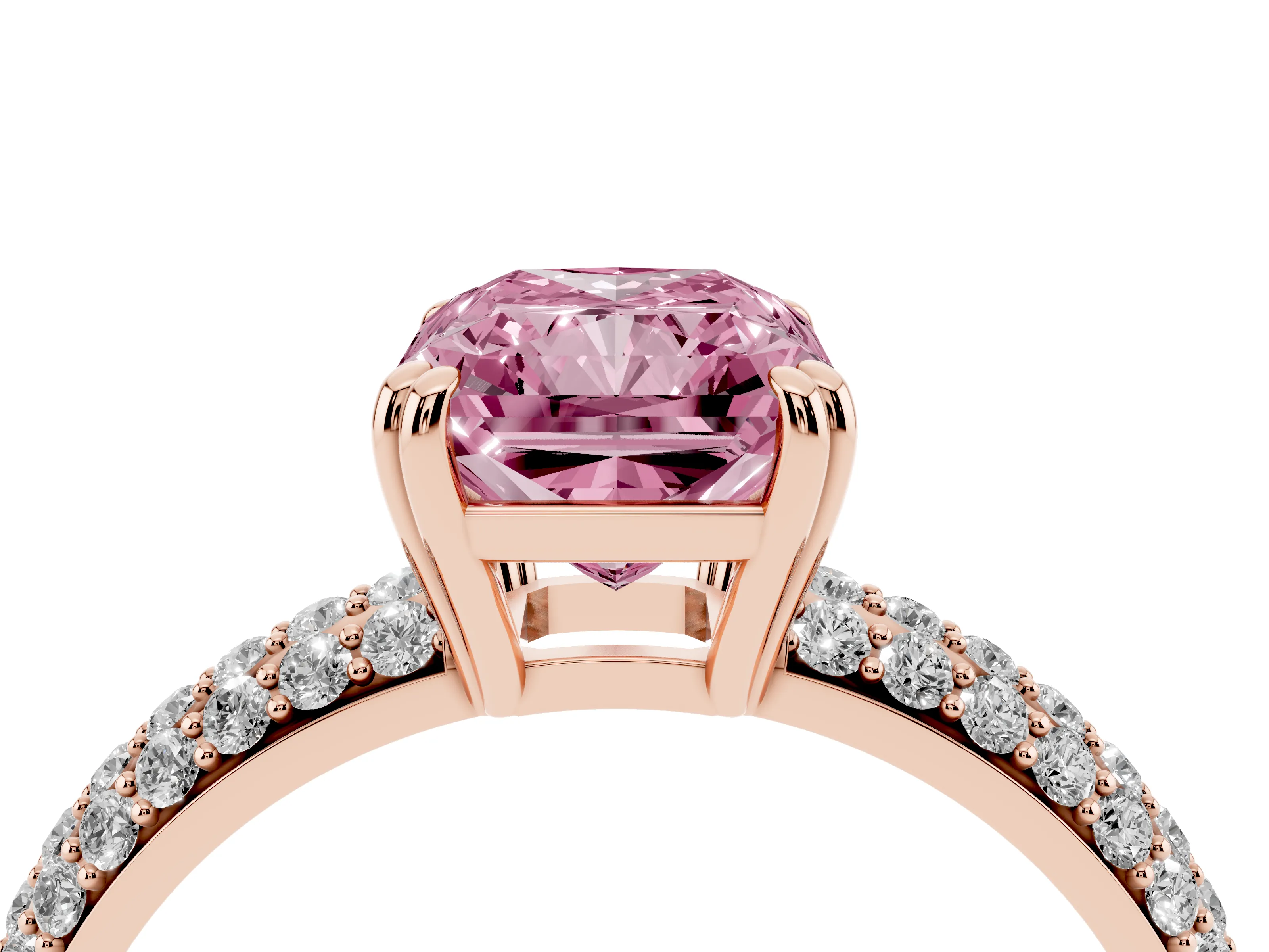 Fancy Pink Radiant Cut Diamond Solitaire Ring Set in Rose gold with Multi-Row Round Pavé Band and Prong Setting