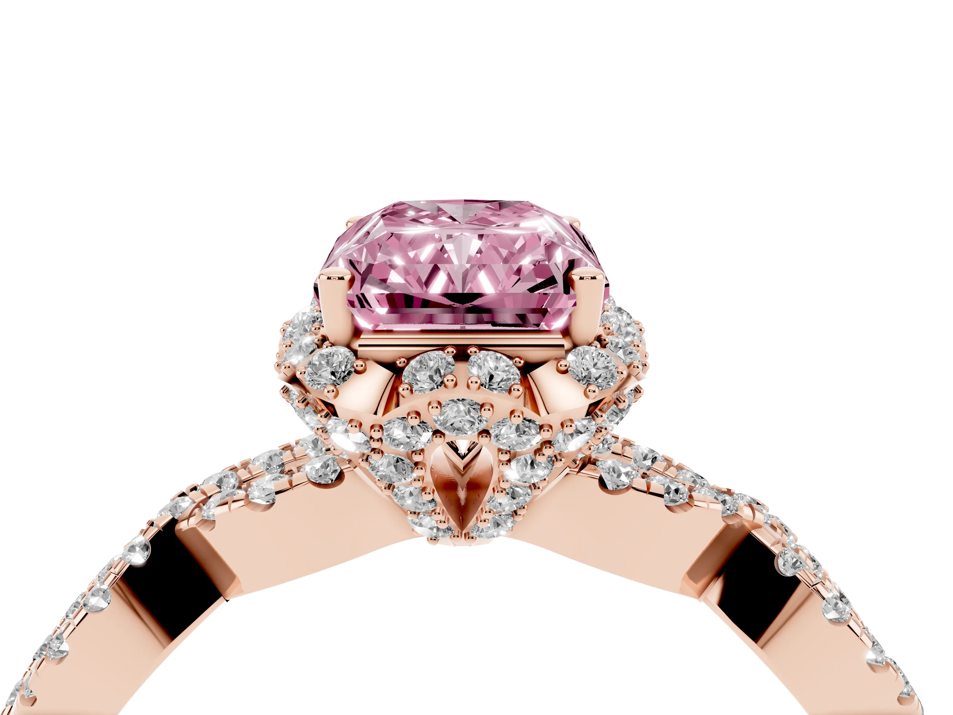 Fancy Pink Radiant Cut Diamond Halo Twist Band Solitaire Ring Set in Rose gold with Prong-Set Center Stone