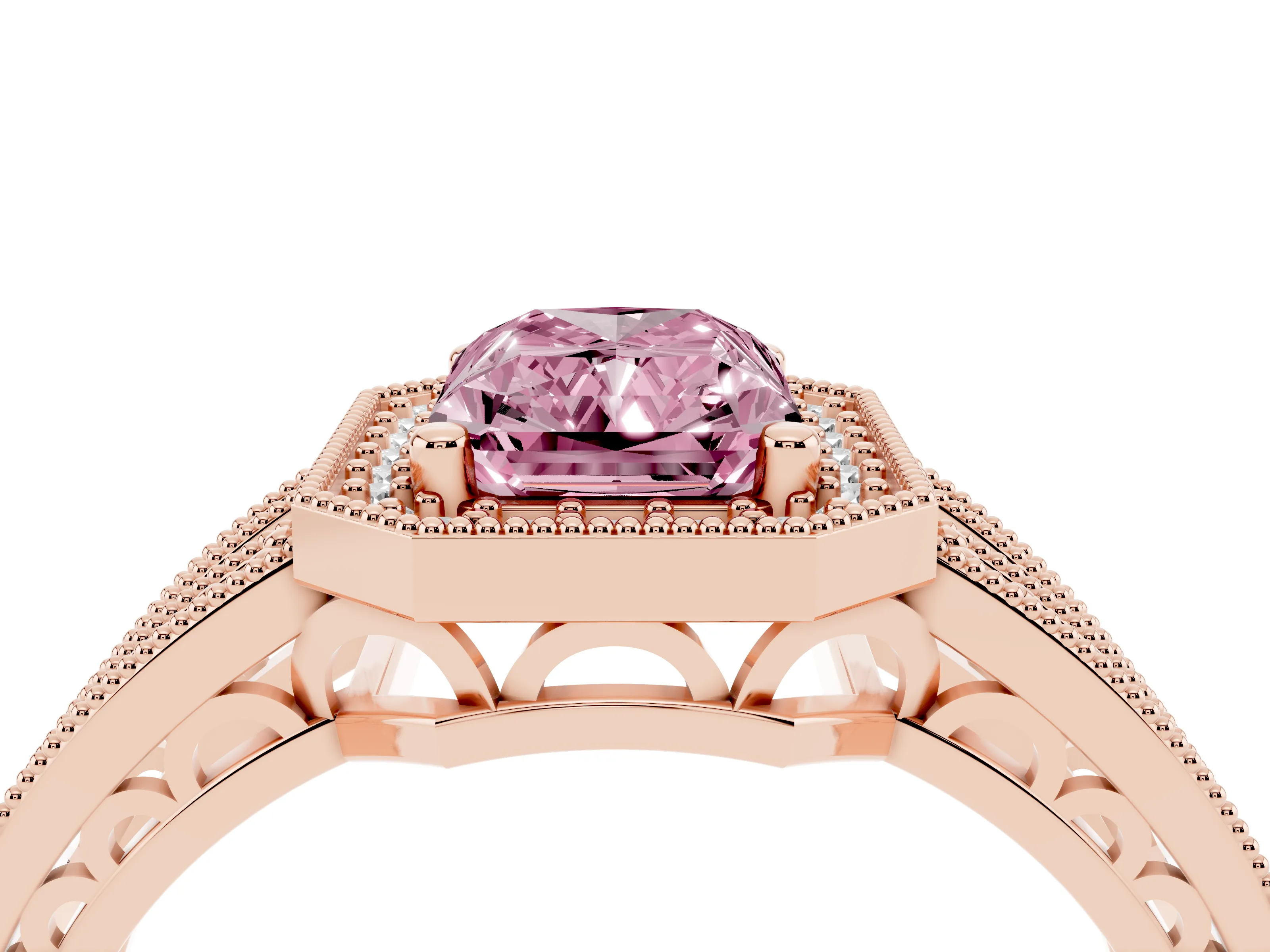Fancy Pink Radiant Cut Diamond Halo Ring Set in Rose gold with Accent Split Shank and Prong Setting