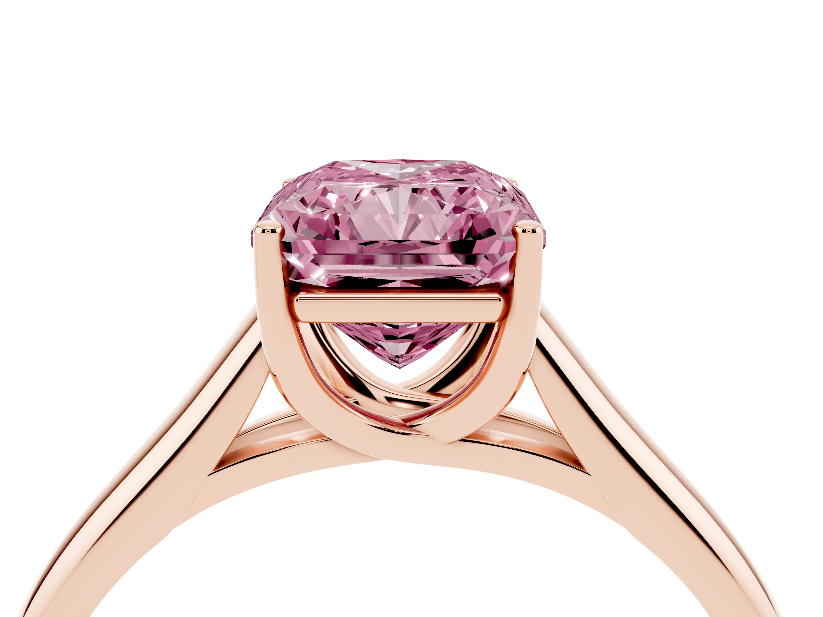 Fancy Pink Radiant Cut Diamond Solitaire Engagement Ring Set in Rose gold with Subtly Tapered Band and Prong Setting