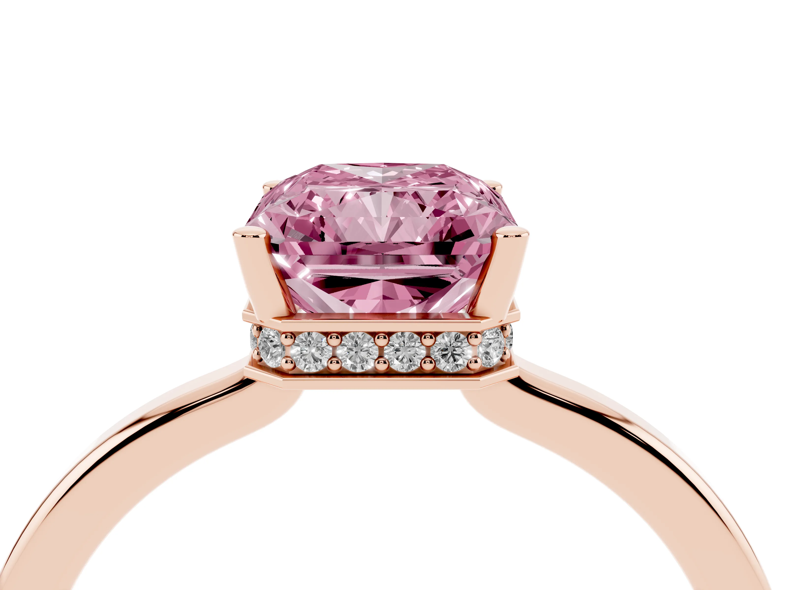 Fancy Pink Radiant Cut Diamond Solitaire Engagement Ring Set in Rose gold with Prong Setting on a Plain Band