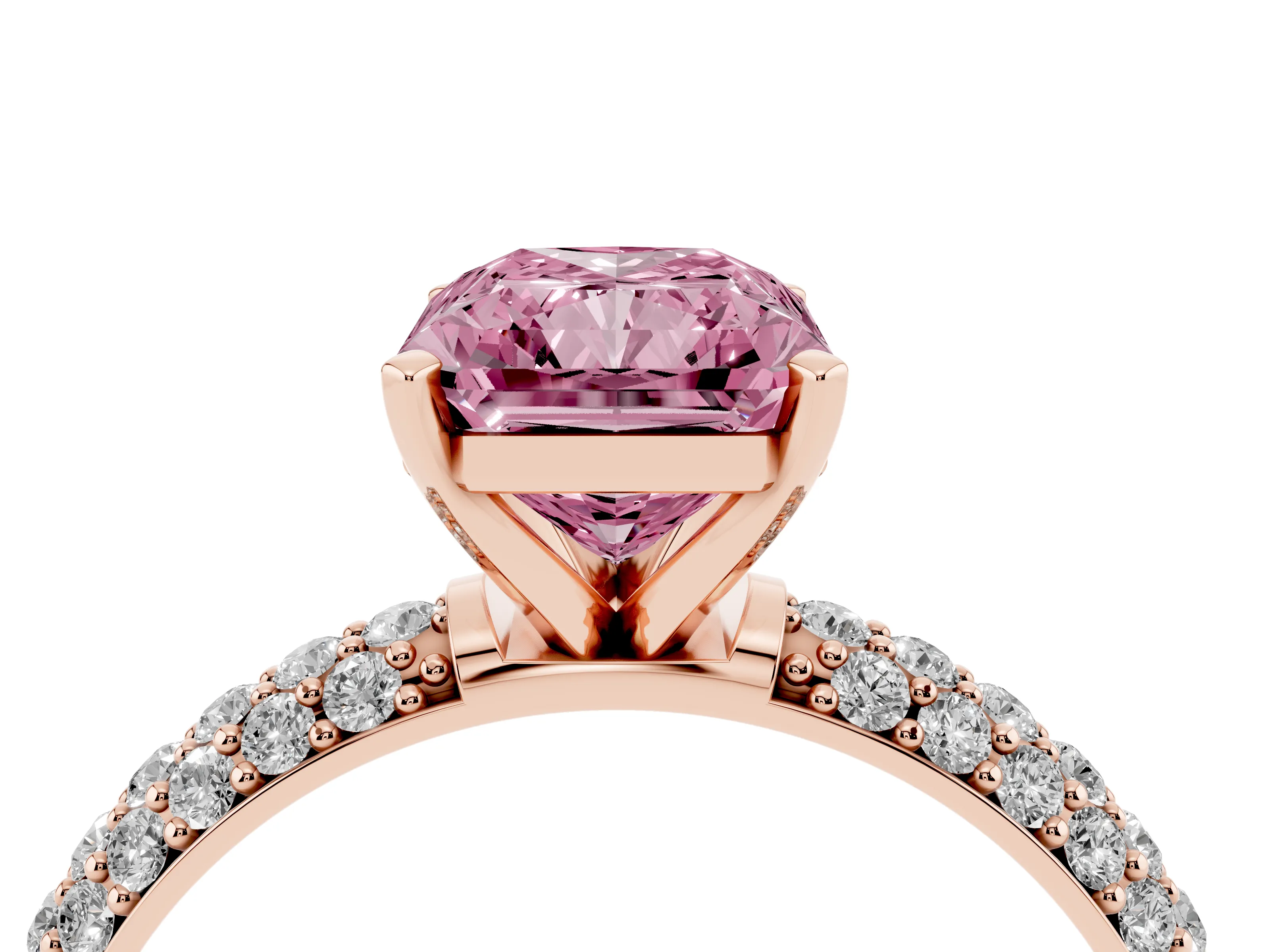 Fancy Pink Radiant Cut Diamond Solitaire Ring Set in Rose gold with Prong Setting and Pavé-Set Band
