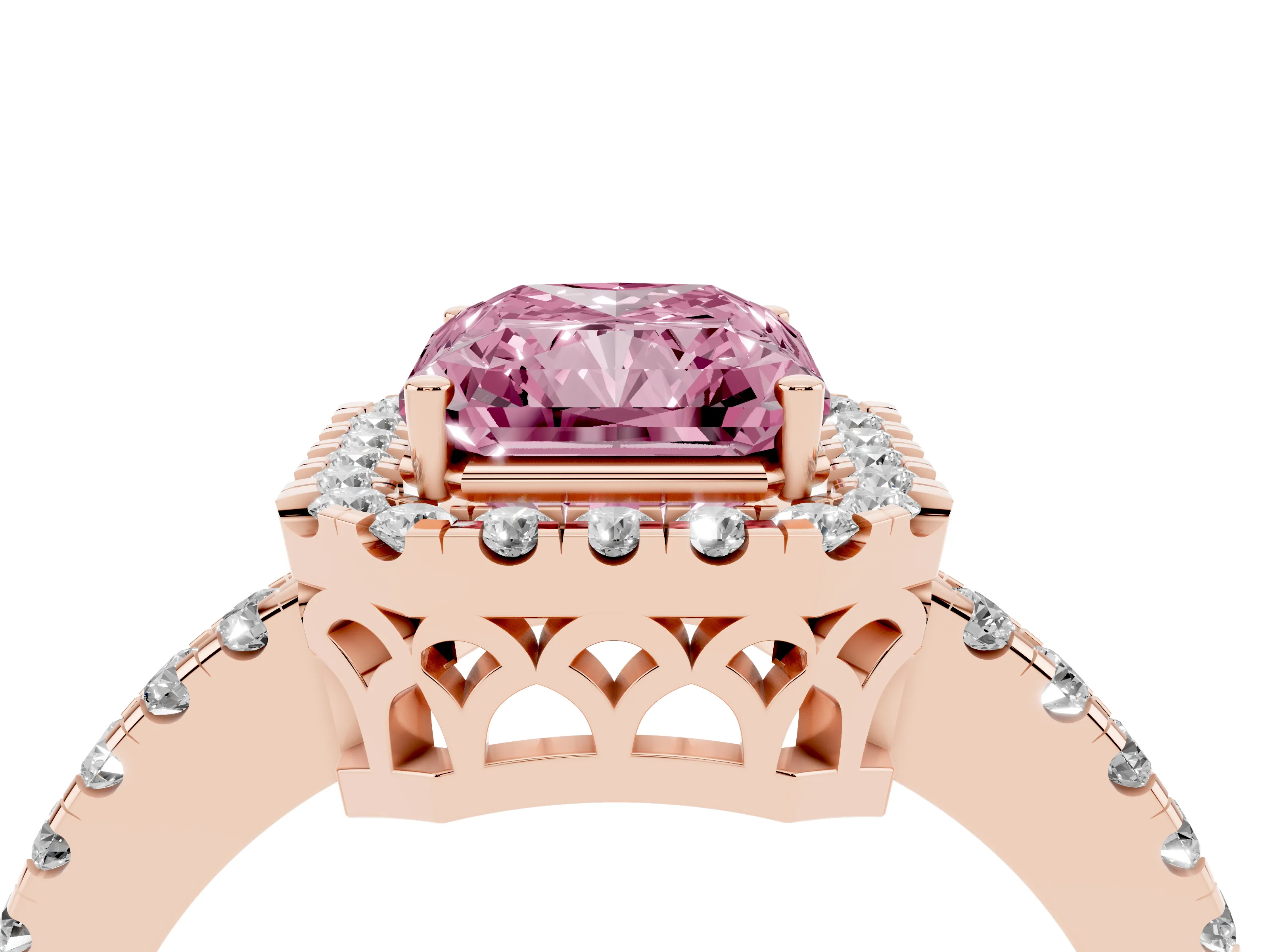 Fancy Pink Radiant Cut Diamond Pavé Band Halo Engagement Ring Set in Rose gold with Prong Setting