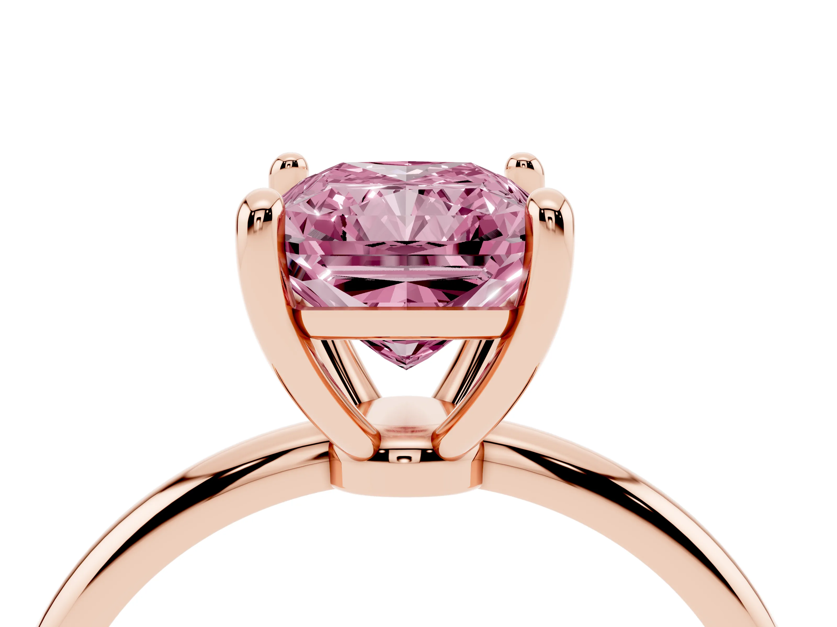 Fancy Pink Radiant Cut Diamond Solitaire Ring Set in Rose gold with Secure Prong Setting on a Classic Band
