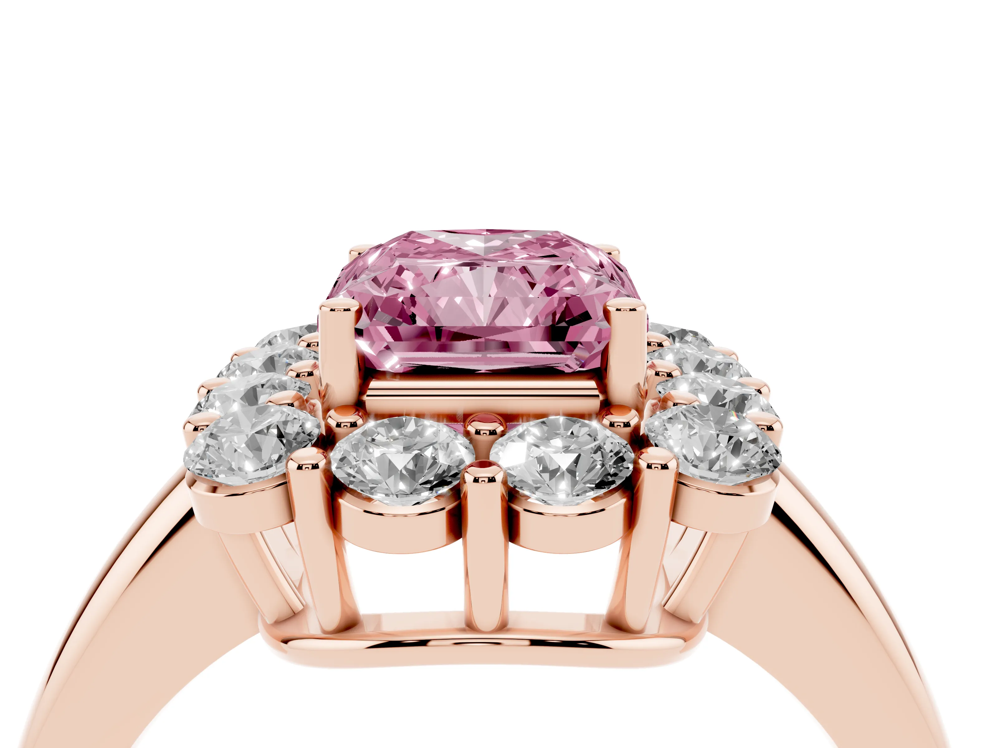 Fancy Pink Radiant Cut Diamond Halo Cluster Engagement Ring Set in Rose gold with Polished Band and Prong Setting