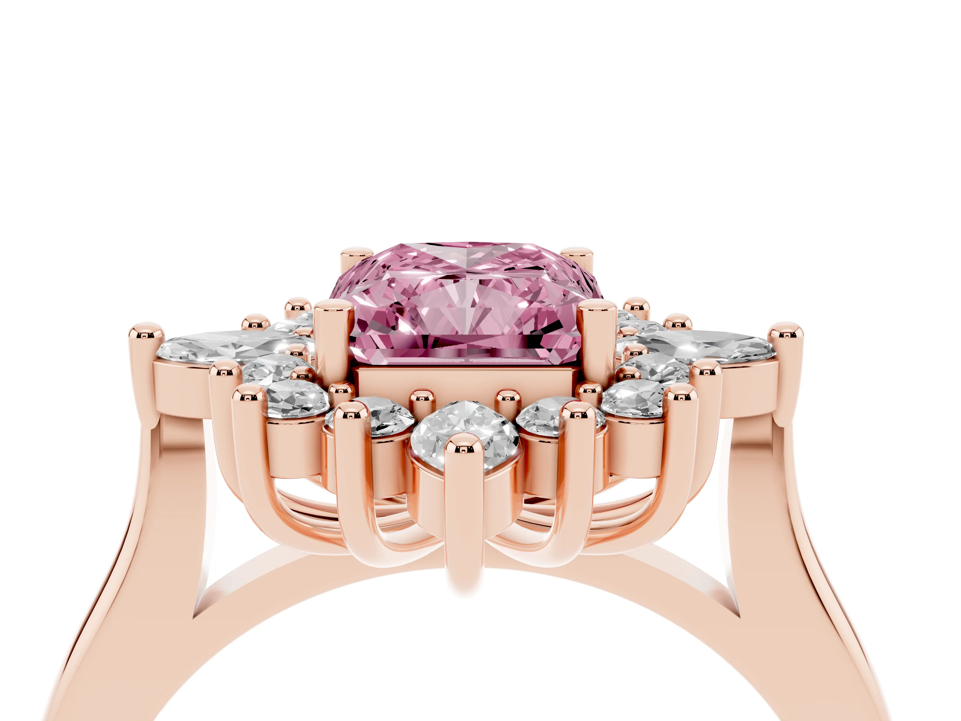 Fancy Pink Radiant Cut Diamond Cluster Halo Ring Set in Rose gold with Marquise and Round Accents