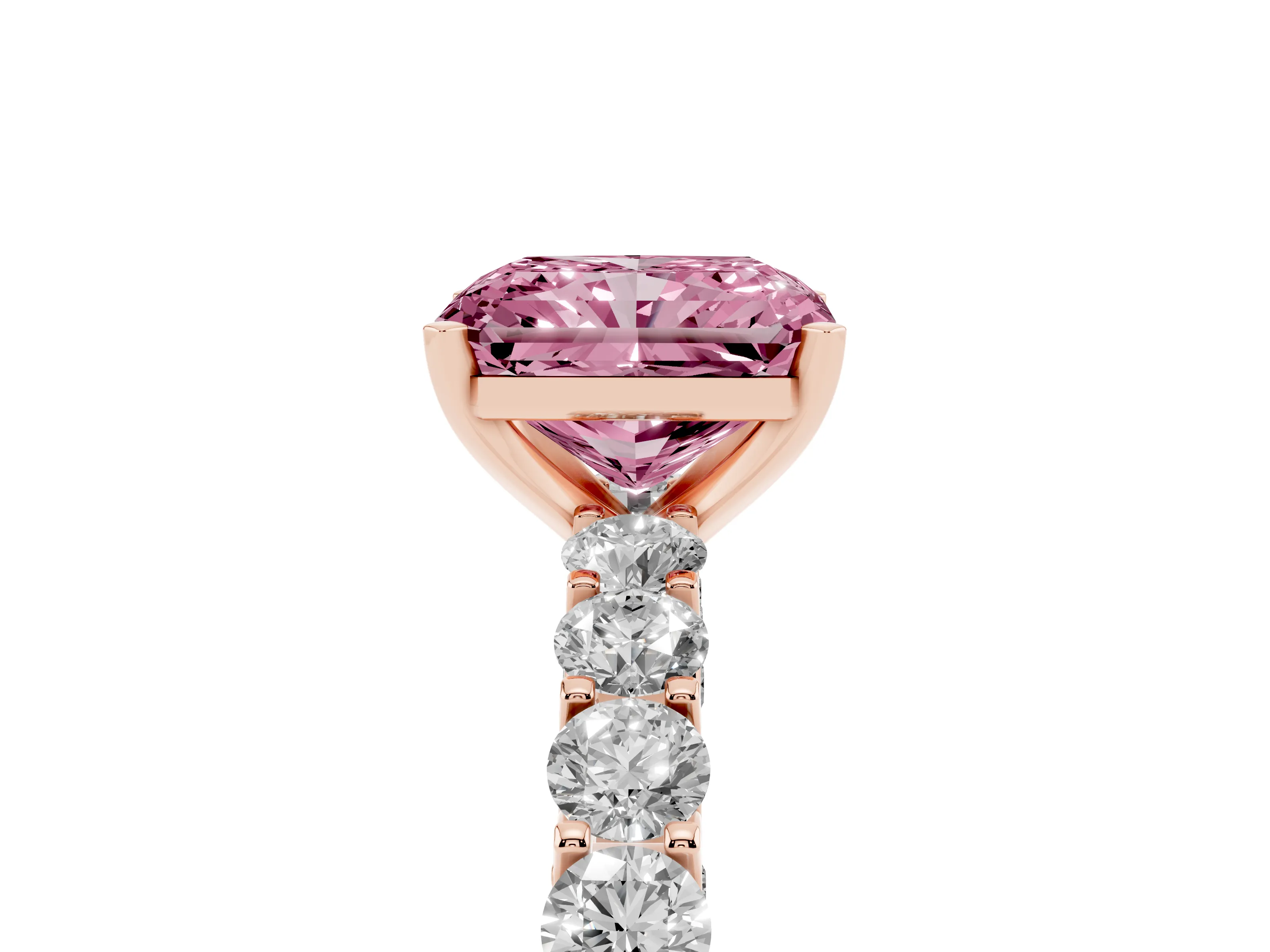 Fancy Pink Radiant Cut Diamond Solitaire Ring Set in Rose gold with Shared Prong Pavé Band