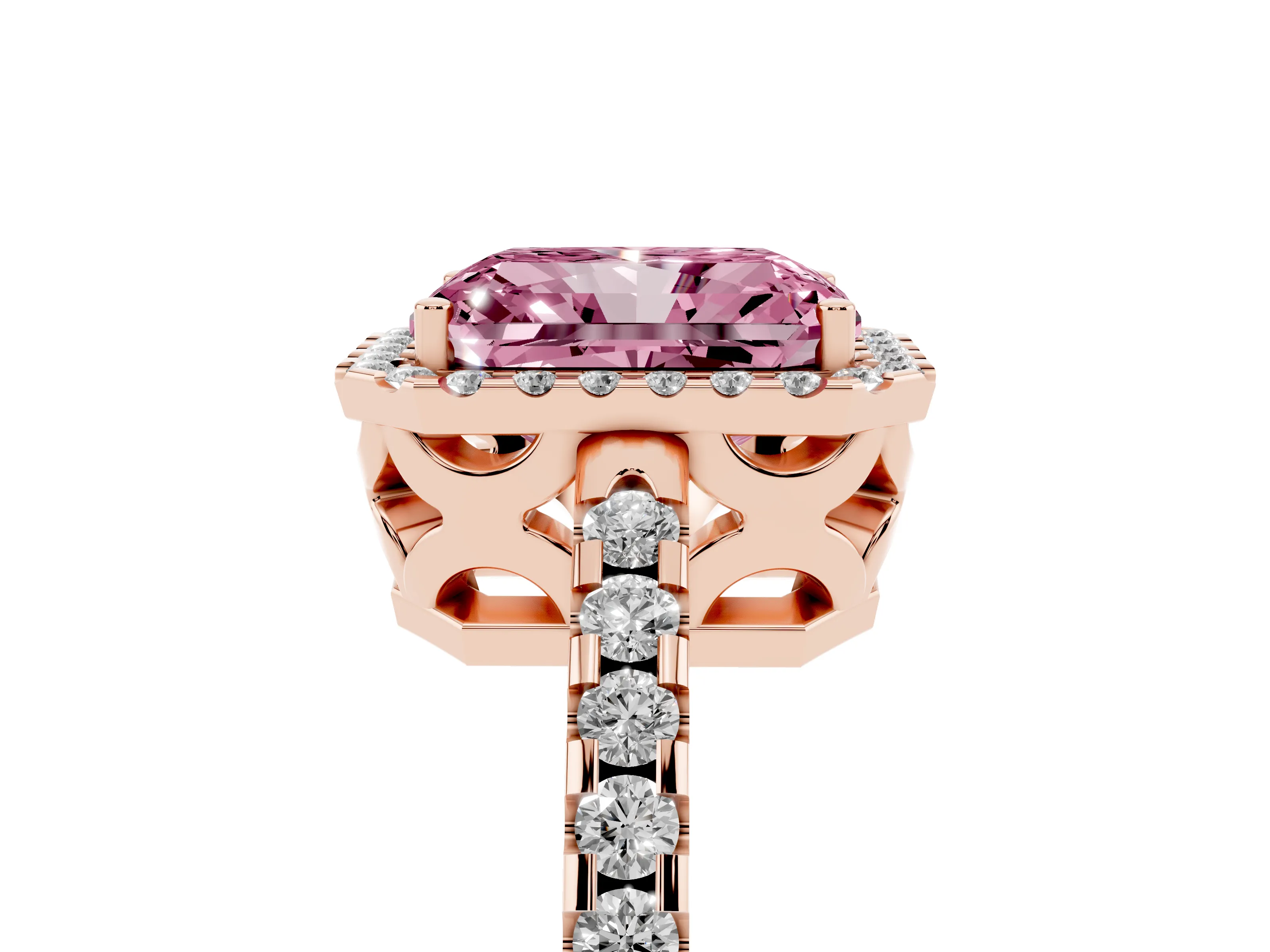 Fancy Pink Radiant Cut Diamond Halo Ring Set in Rose gold with Pavé Shoulders and Halo-Framed Center